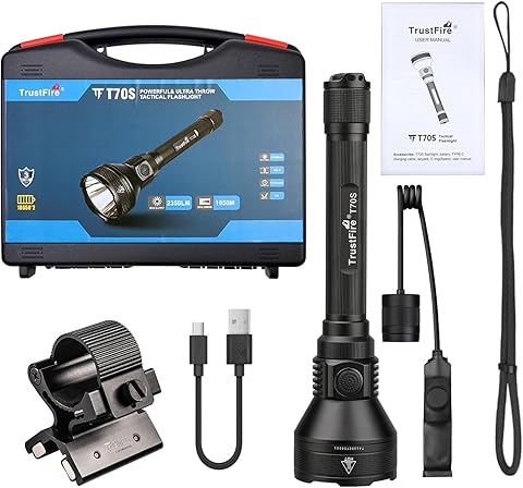 TrustFire T70S Kit Linterna Caza LED Alta Potencia 2350 Lúmenes, Linterna Táctica Recargable de Largo Alcance 1050 metros Super Brillante Impermeable para Caza Búsqueda y Rescate, Camping