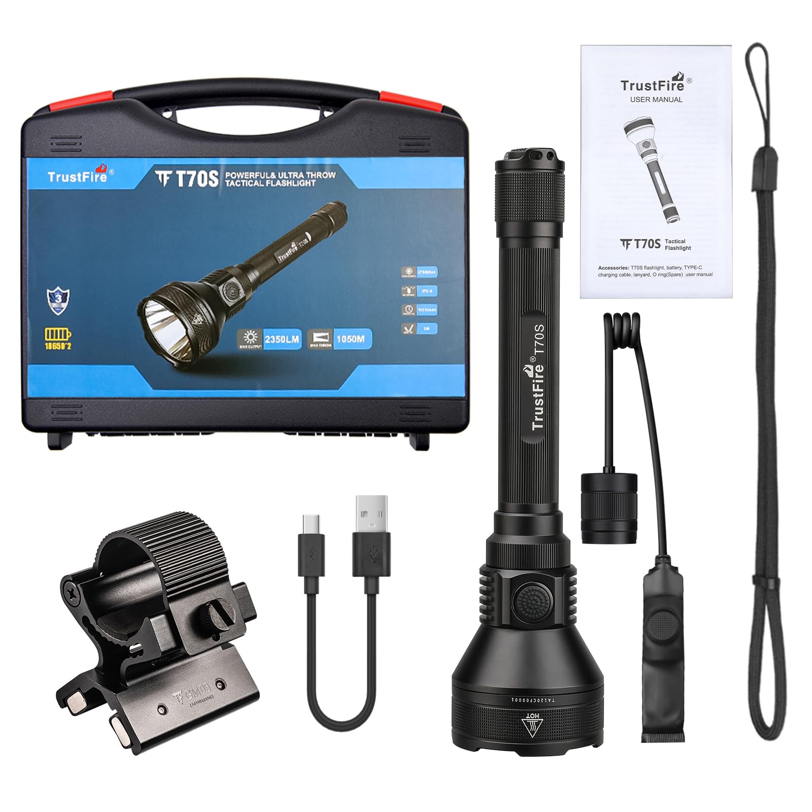 TrustFire T70S Kit Linterna Caza LED Alta Potencia 2350 Lúmenes, Linterna Táctica Recargable de Largo Alcance 1050 metros Super Brillante Impermeable para Caza Búsqueda y Rescate, Camping