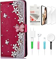 Vista 8 de STENES Bling - Funda de piel con tapa para Samsung Galaxy S21 Ultra con diseño de corona en 3D hecha a mano con protector de pantalla y protector