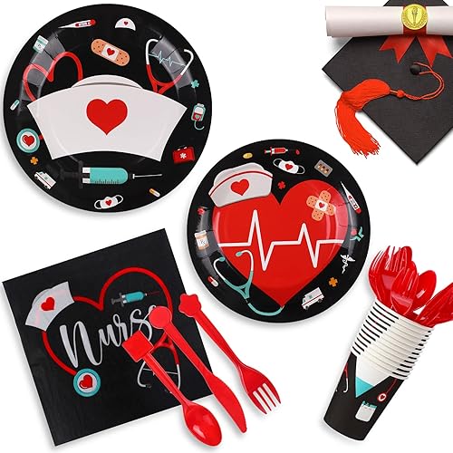 Miniatura 3 de 168 piezas de decoraciones de fiesta de graduación de enfermera, juego de vajilla médica para fiesta de cumpleaños, 24 invitados, platos de postre,
