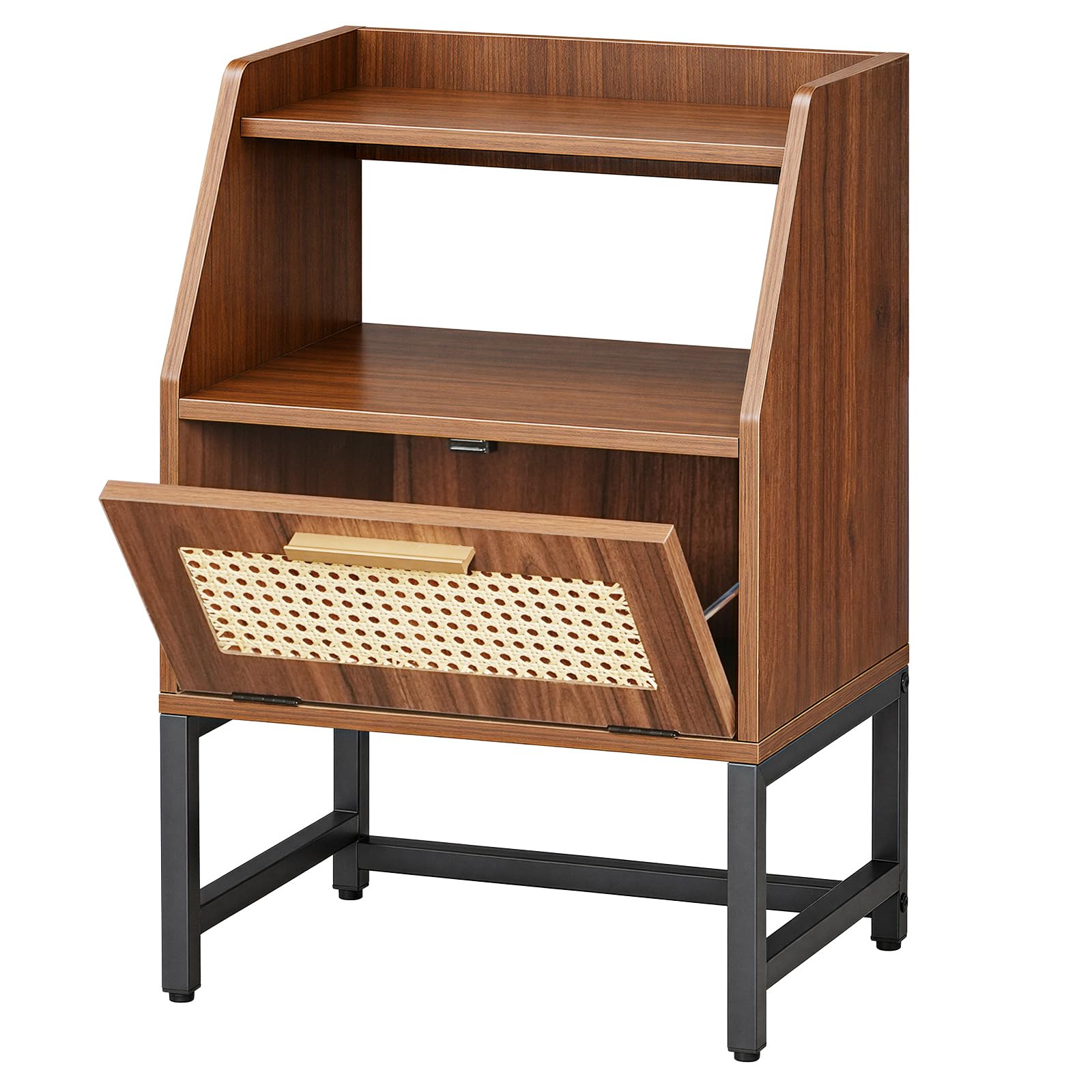 HOOBRO Rattan Nightstand, End Table with Flip-Down Door, Small Side Table | Modern Bedside Table with Open Storage Compartment, Wooden Night Stand for Bedroom, Walnut and Black BH207BZ01