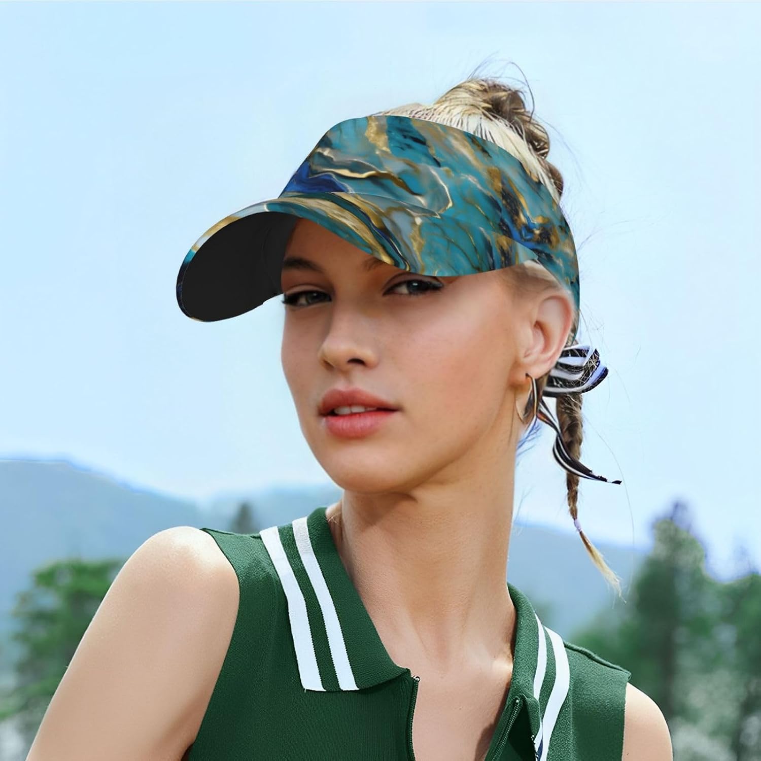 Azurite Teal and Foil Gold Oil Marble Pattern Print Foldable Sun Visor Hat Lightweight Adjustable Sun Visor Hat Outdoor Sports Cap for Adults