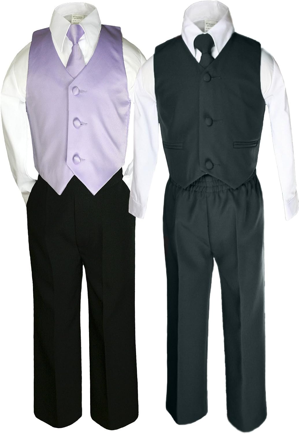 6pc Boys Black Vest Sets Suits Outfits with Satin Color Vest Sets (S-7)