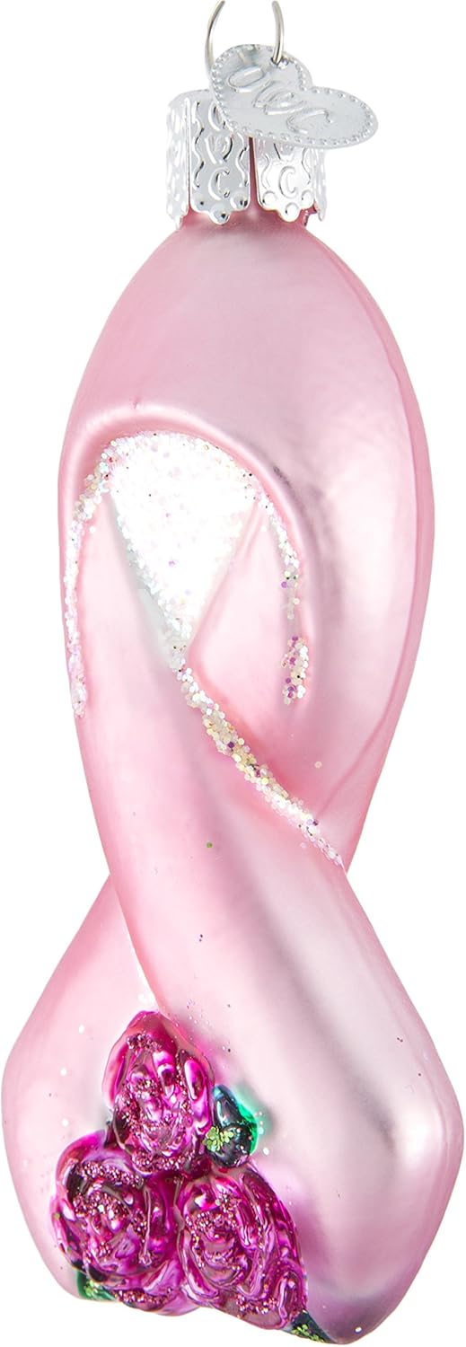 Old World Christmas Pink Ribbon with Roses Glass Blown Ornament for Christmas Tree, Handcrafted Holiday Decoration, Ribbon Collection