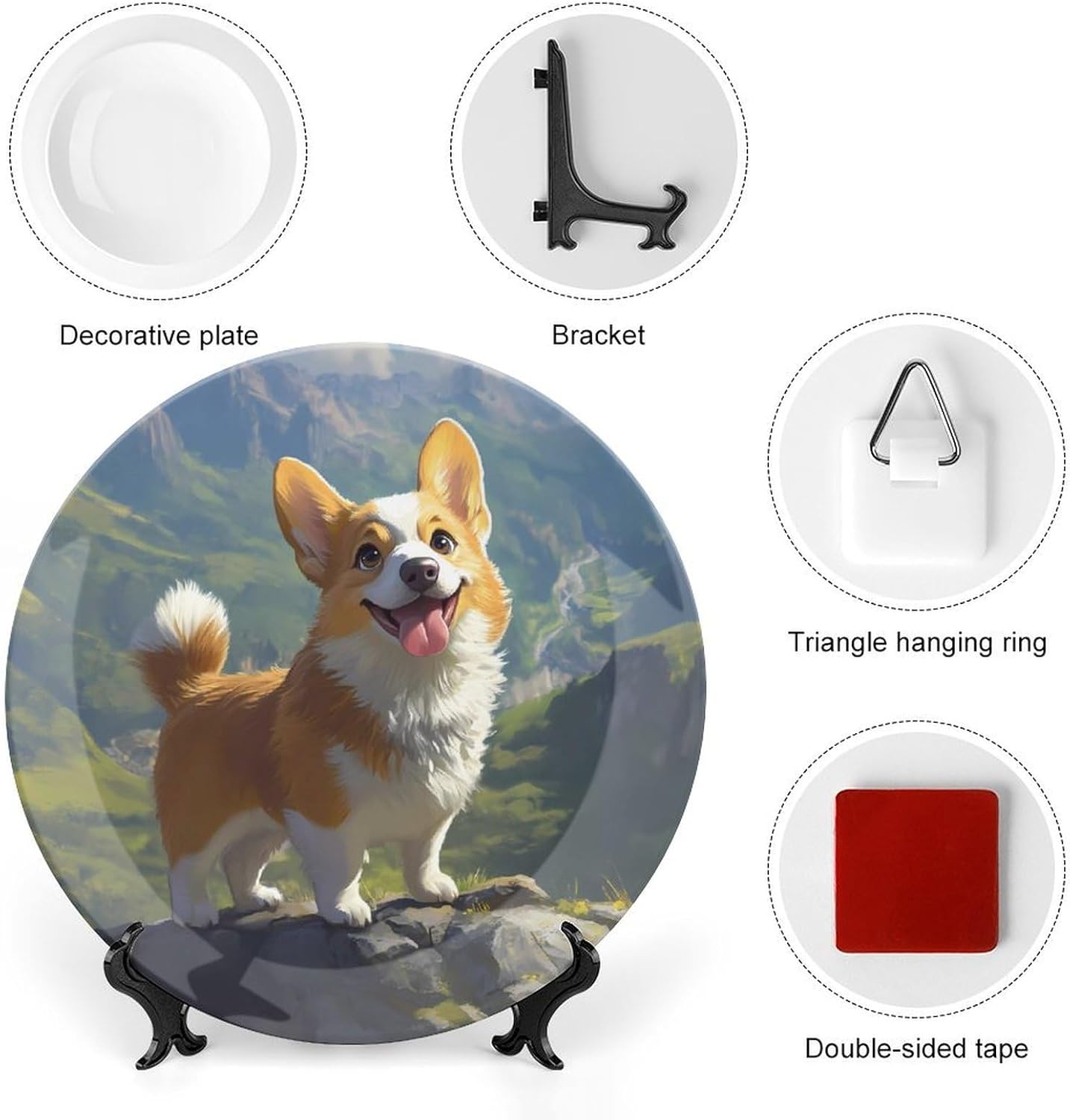 Corgi Dog Standing on Top of A Mountain Decorative Plates for Display Ceramic Plate Tray with Stand Hanger Home Decor