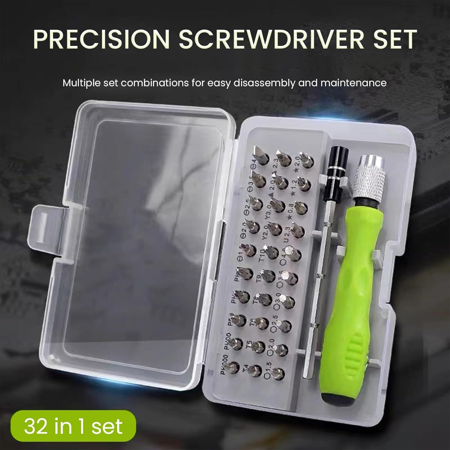 32-in-1 Professional Precision Screwdriver Set, Magnetic Repair Tool Kit with Green Handle, Diverse Bits for Electronics, Eyeglasses & Small Appliance Repair
