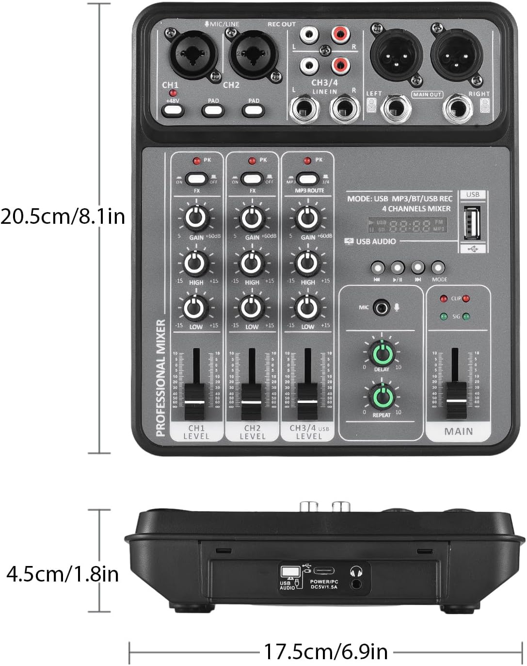 Audio Mixer 4 Channel Mixing Console 48V Phantom Power for Home Studio Recording DJ Network Live Broadcast Type-C Power Supply BT MP3 USB Recording Input Portable Sound Mixing Console