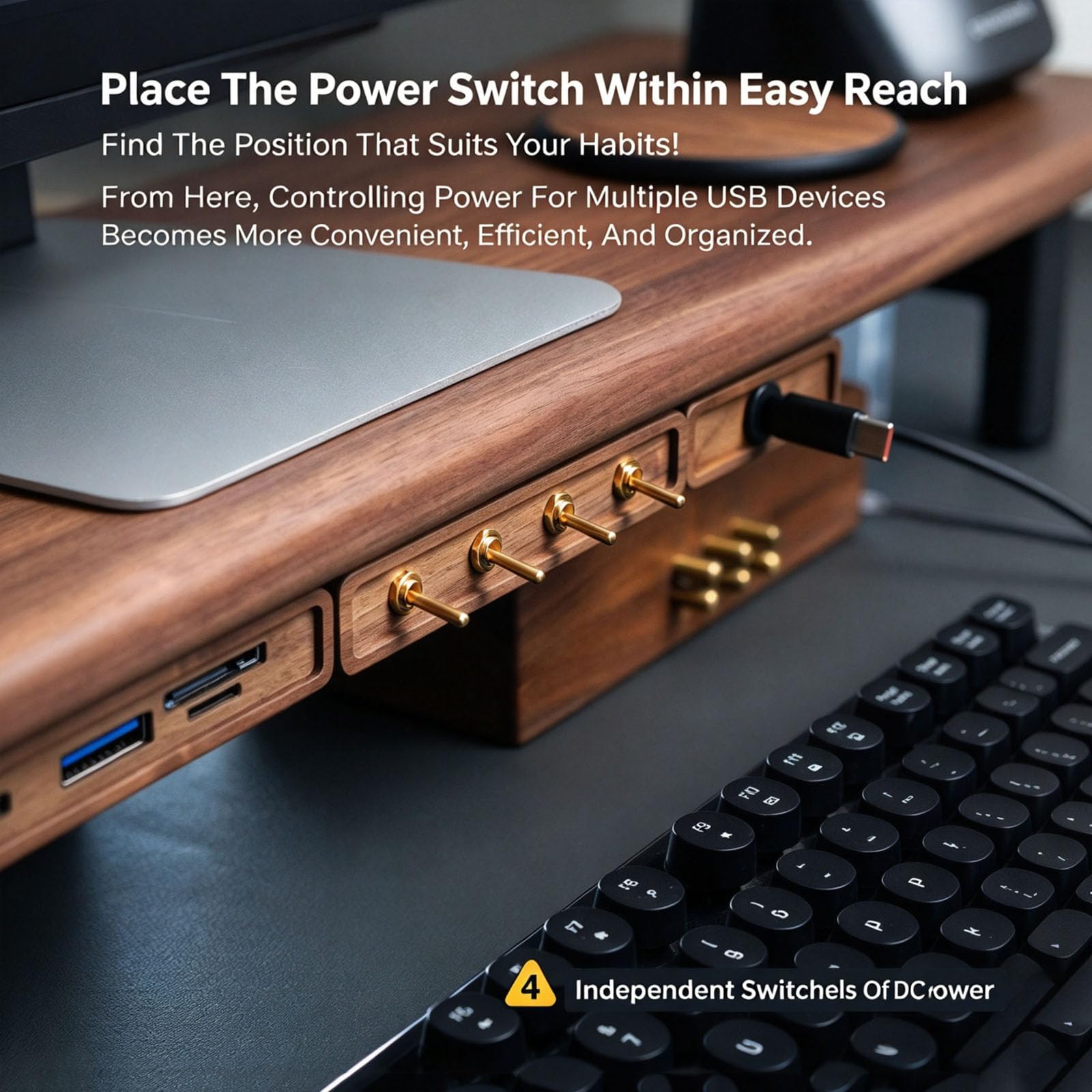 4-portowy moduł zasilania Usb-c, drewniana stacja ładująca USB, z niezależnym przełącznikiem dźwigniowym, kontrolerem zasilania biurka, 65 W do portu B 120w