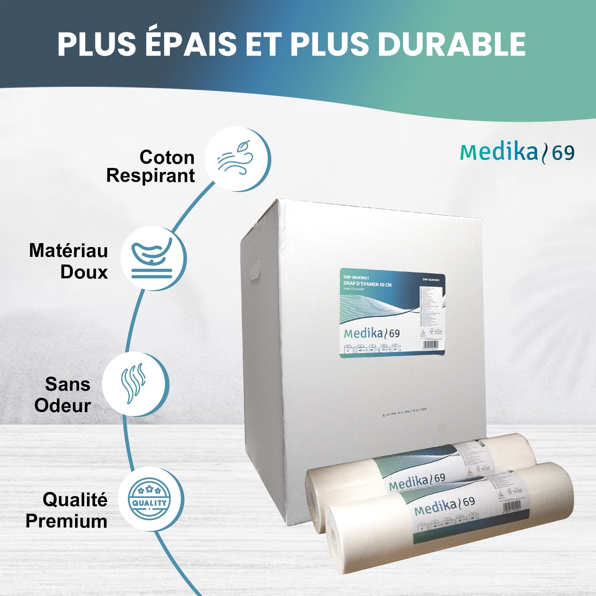 Draps d'examen gauffre point à point pure ouate 2x17.5g/m² - Carton de 9 rouleaux - 2 plis - 121 formats 50x37cm - DRP-MDK9001- Certifié France Medical Industrie
