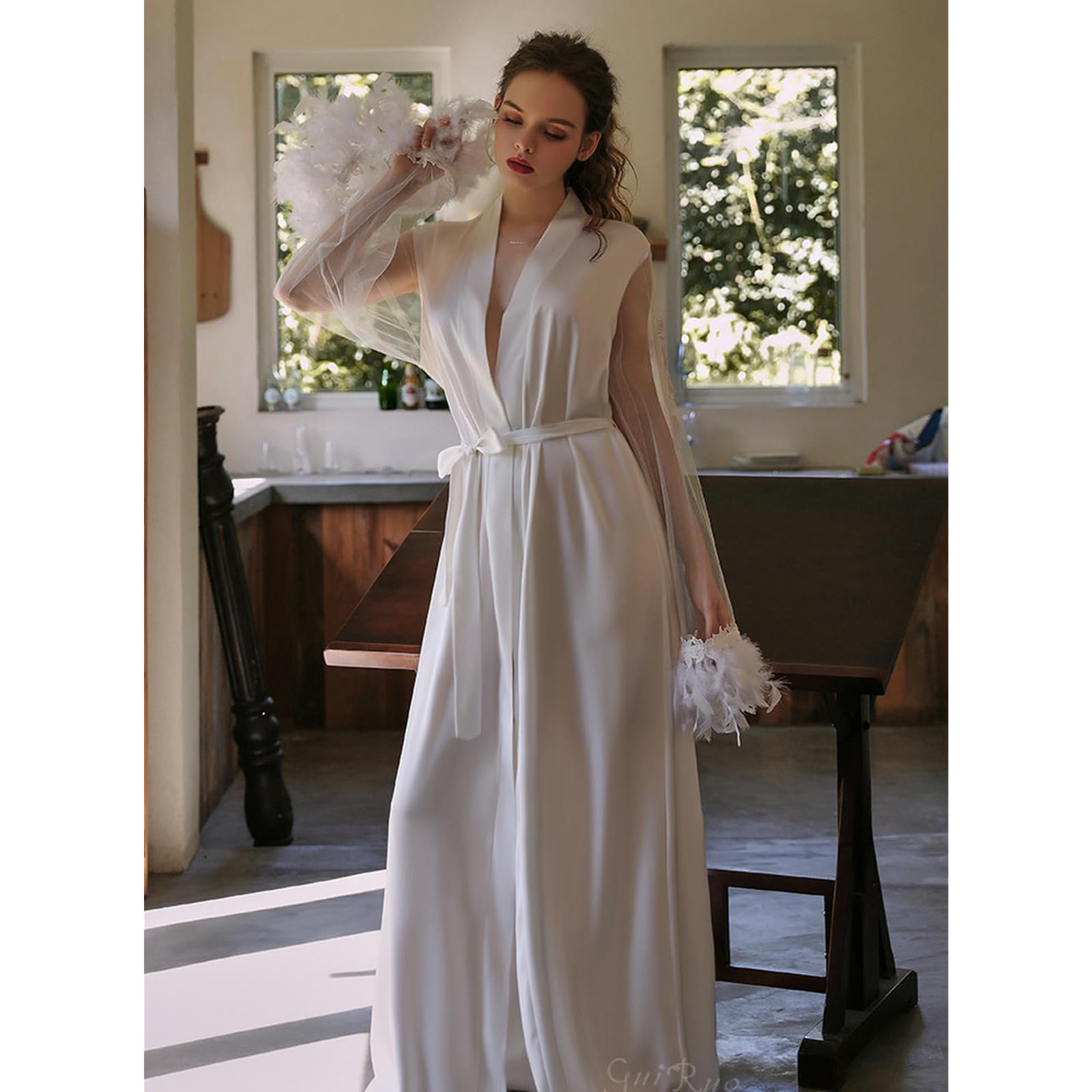 Camicia Notte Donna Pigiama Lungo da Sposa in Raso di Seta Comodo Pigiama A Maniche Lunghe da Donna-Bianco (Versione Lunga della Lunghezza dell'Abbigliamento 155 Cm)-codice Medio