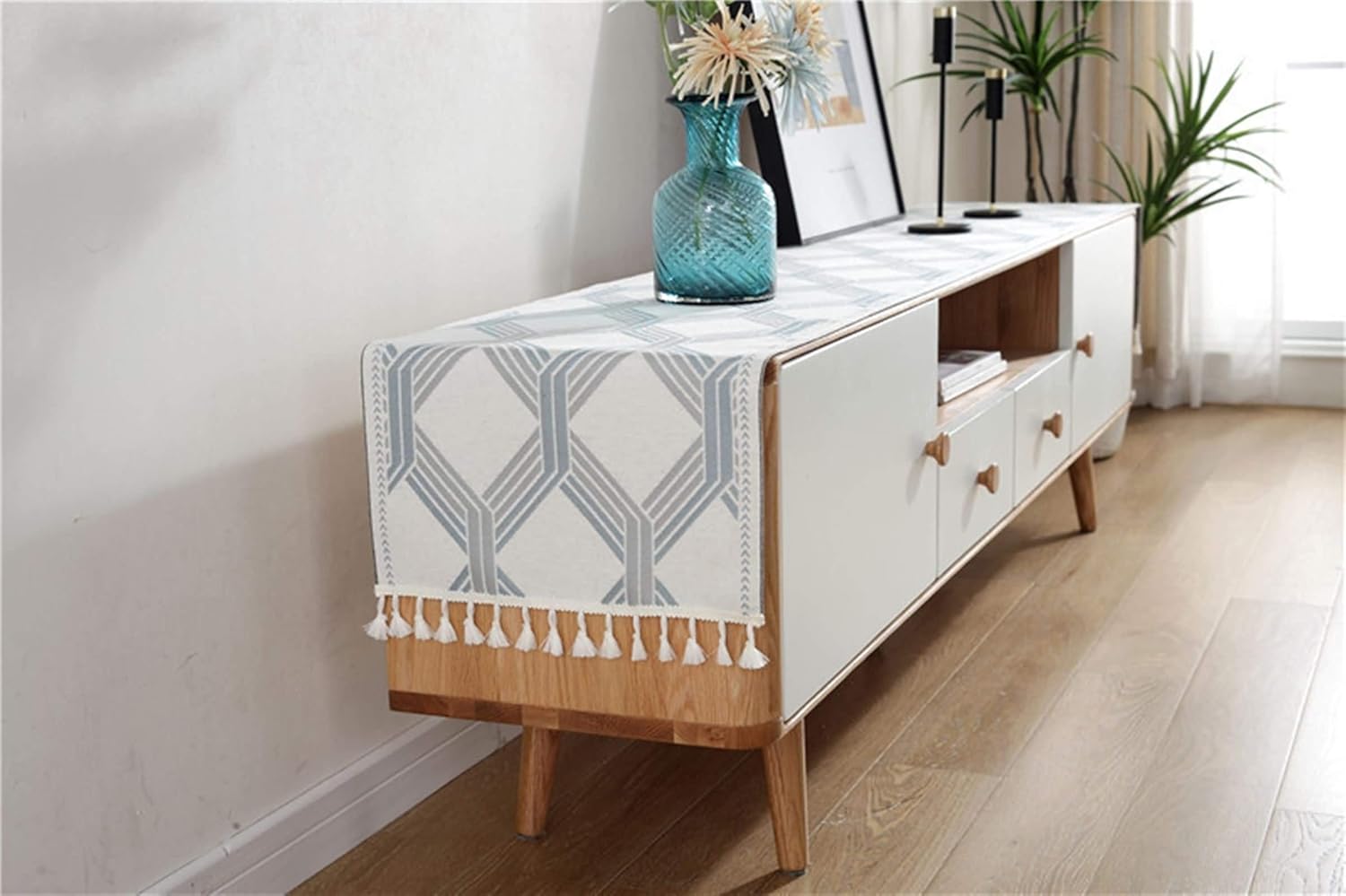Wedding Table Runner,35x180CM,Geometric Pattern with Tassel Table Runner Modern Polyester,Table Runner Decor Blue