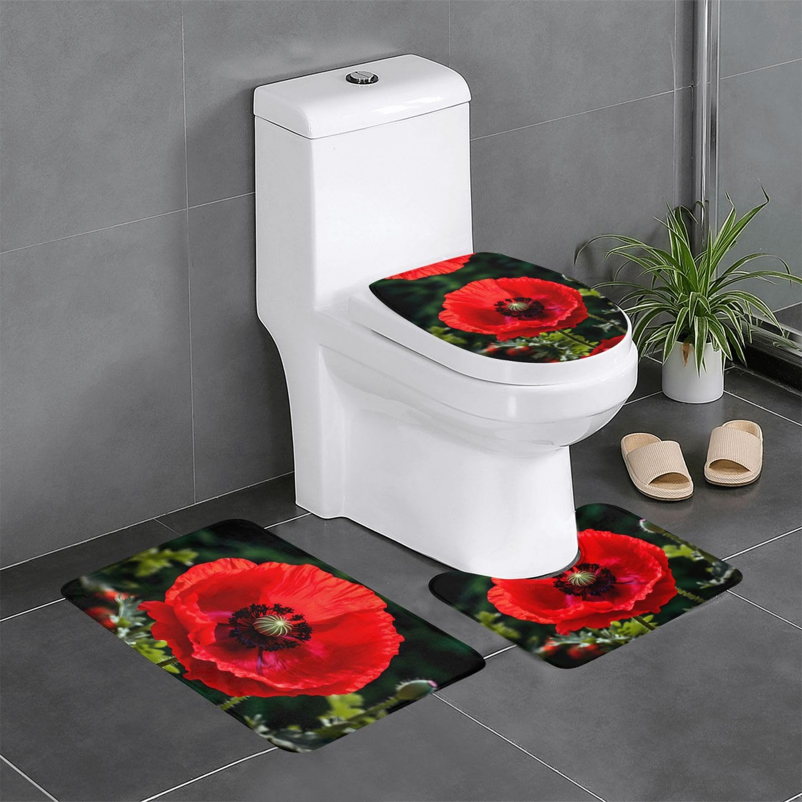 Tapis de salle de bain antidérapants coquelicot rouge contour ovale