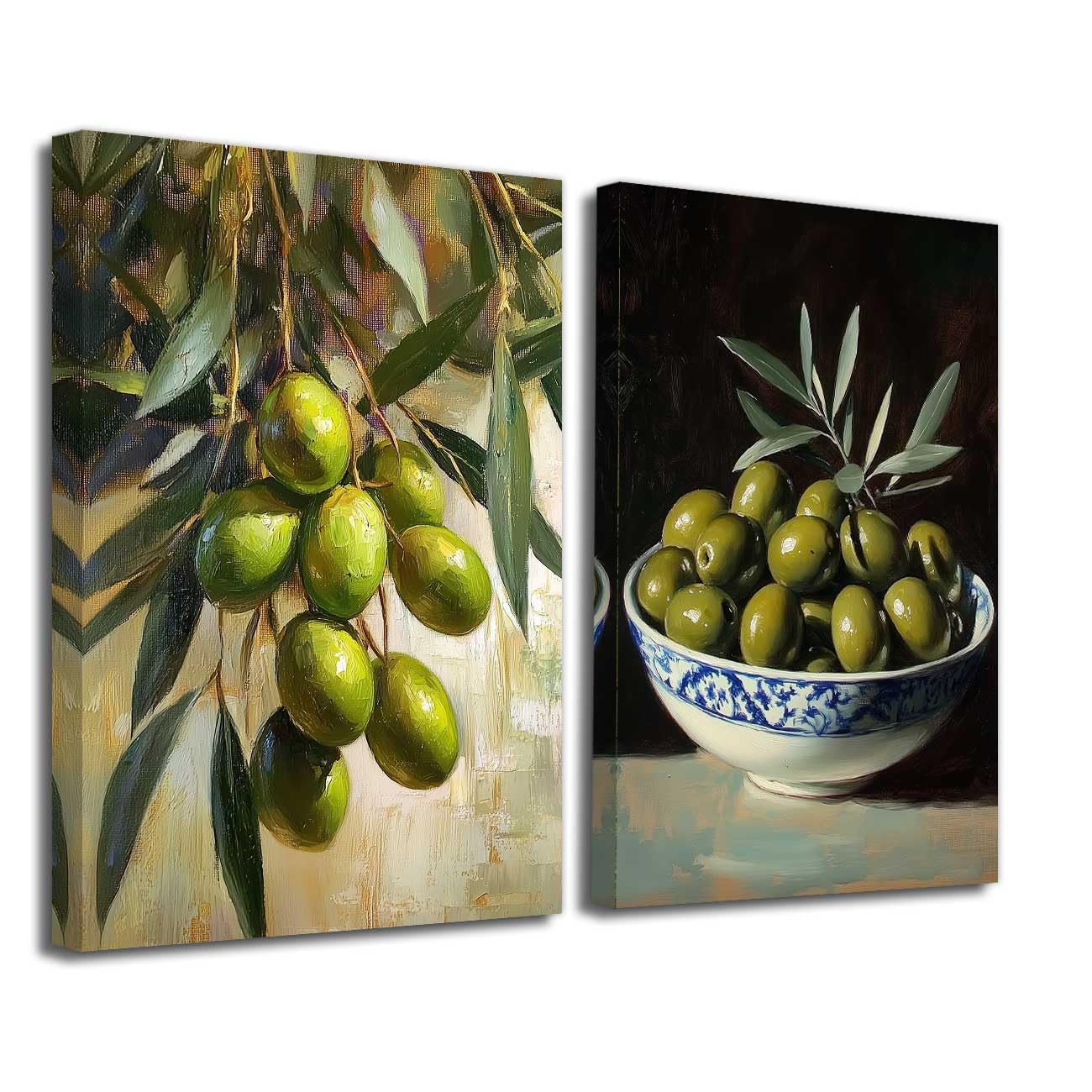 ZXHYWYM 2Pcs Green Olive Wall Art Vintage Kitchen Pictures Rustic Farmhouse Botanical Paintings Fruit Trees Picture Still Life Artwork Prints Dining Room Wall Decor (Green, 24x36inx2 Pieces)