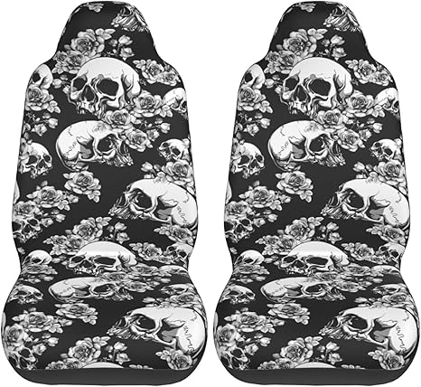 2 PCS Car Front Seat Covers for Women, Universal Vehicle Seat Protector Skull Floral
