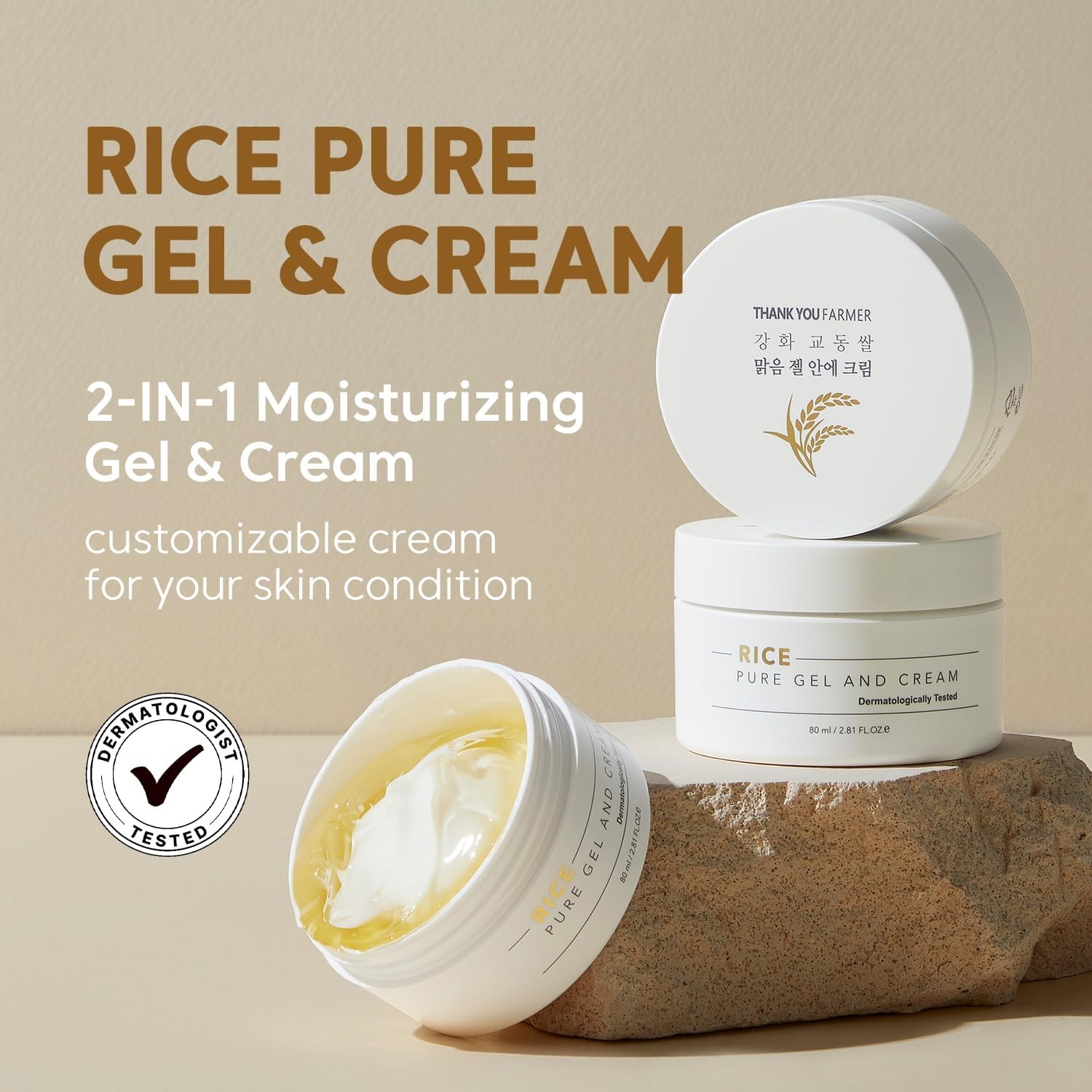 THANKYOU FARMER Rice Pure Gel and Cream, Nourishing Exclusive Korean Rice Extract, Dermatologist Tested, Ceramide, Korean Moisturizer for Dry Skin, Fragrance-Free, 2.81 fl.oz - Image 2