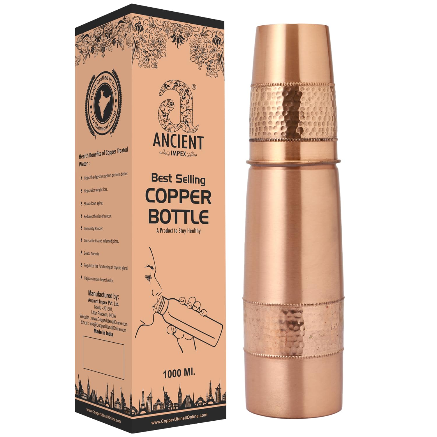 Copper Hammered Water Bottle 900ml with Tumbler Lid | Pure Joint-Free & Leak-Proof Ayurvedic Copper Bottle for Health Benefits, Detox & Daily Hydration | Eco-Friendly BPA-Free Drinking Bottle