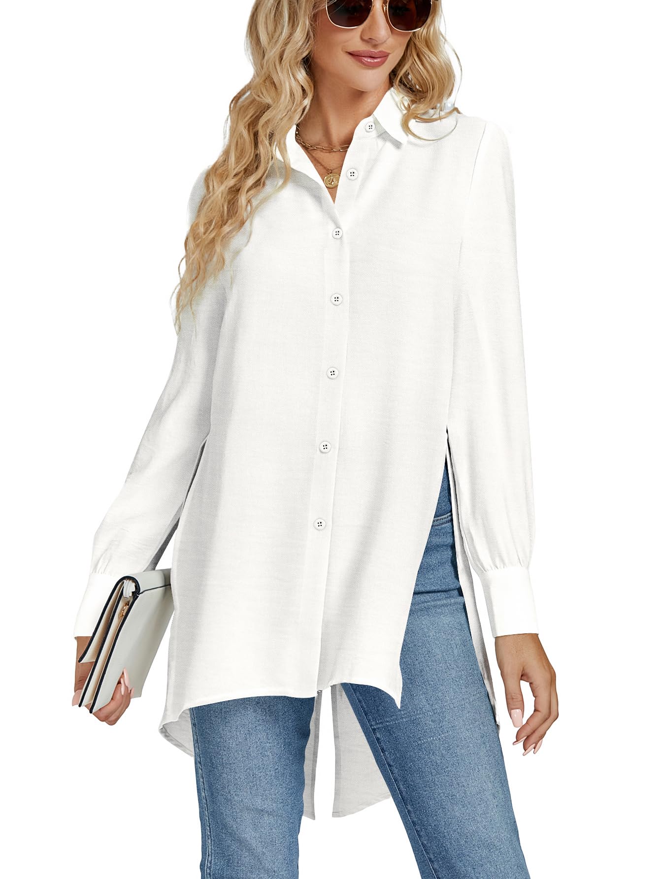 LYANERWomen's Collar V Neck Split Hem Button Down Long Sleeve Long Shirt Blouse Tunic Top