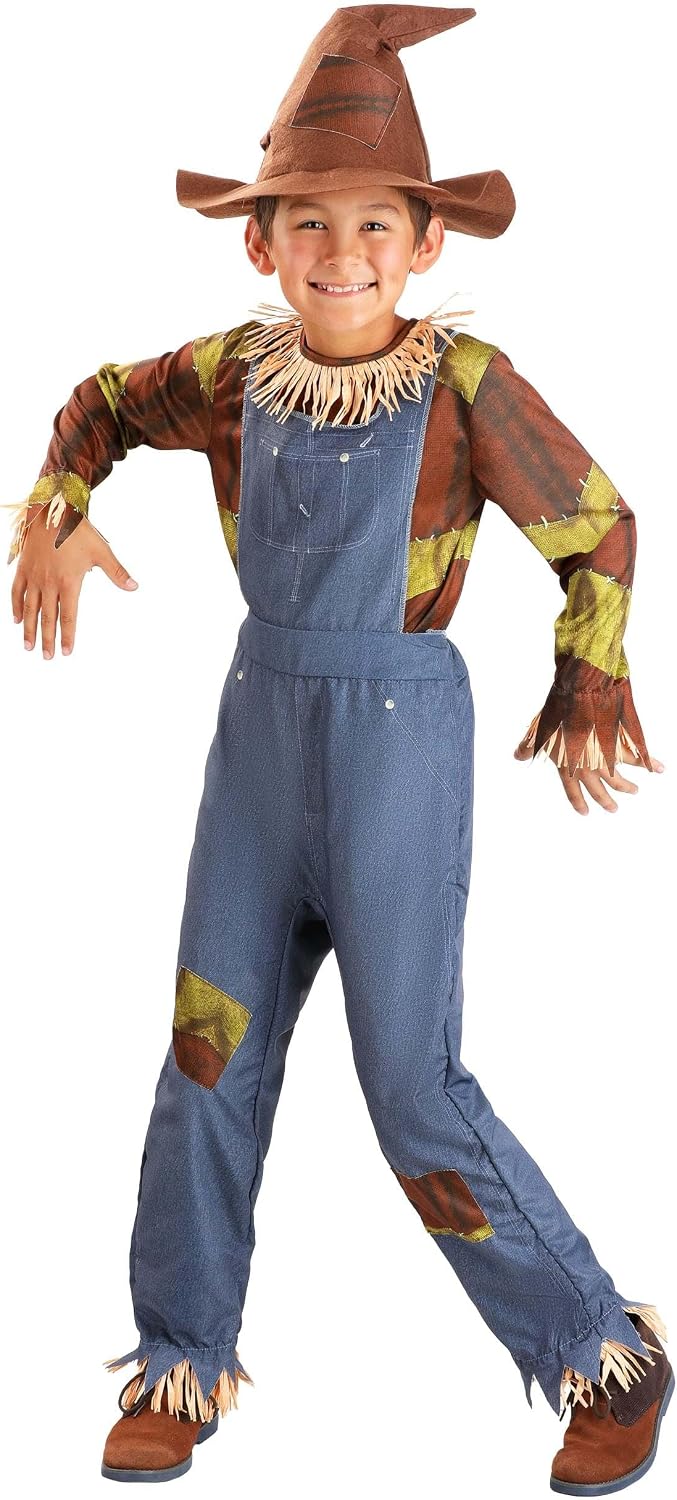 Iconic Scarecrow Costume for Kids - Polyester Shirt, Overalls, Hat, Raffia Straw, Patchwork Print, Elastic Waist