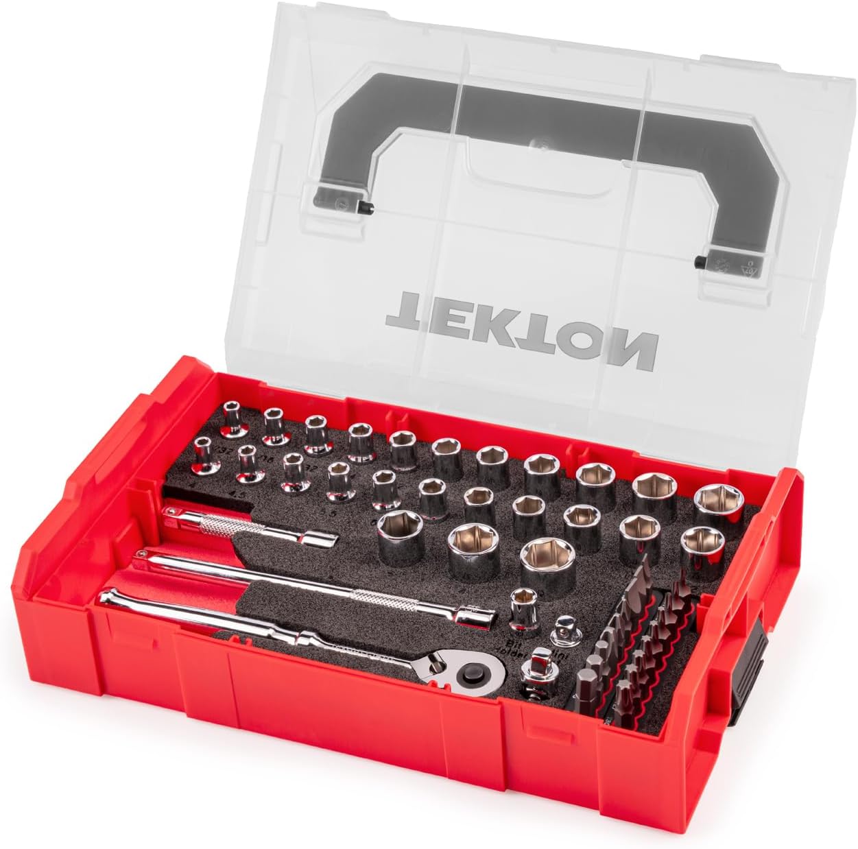 TEKTON 1/4 Inch Drive 6-Point Socket, Bit, and Ratchet Set with Mini Stacking Tool Box (49-Piece) | SKT06300