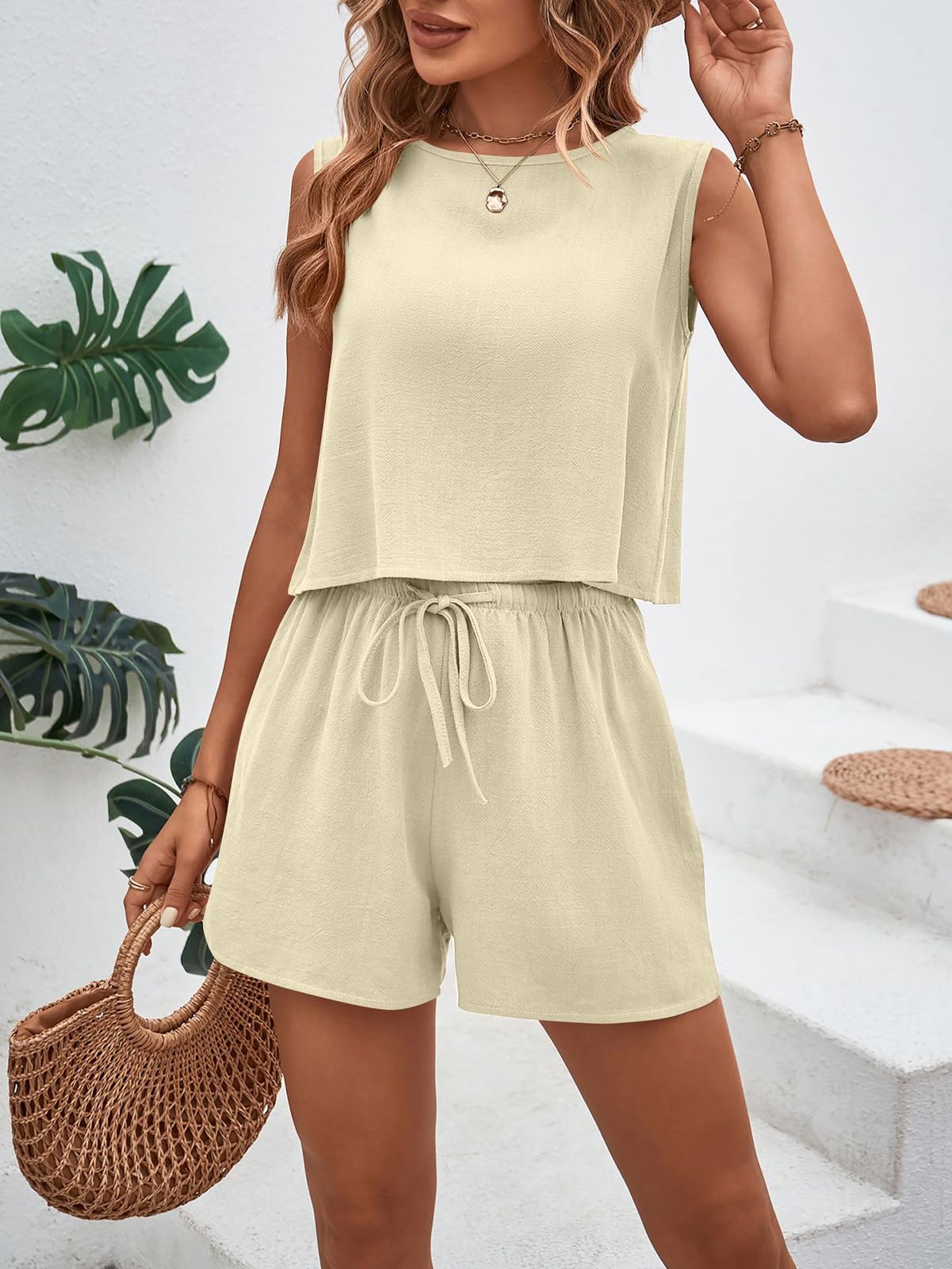 Conjunto Chándales Para Mujer Conjunto Chándale de Verano de sin Mangas Casual para Mujer Conjuntos Deportivo de Verano de Lino Chaleco sin Mangas y Pantalones Cortos de Cintura Alta