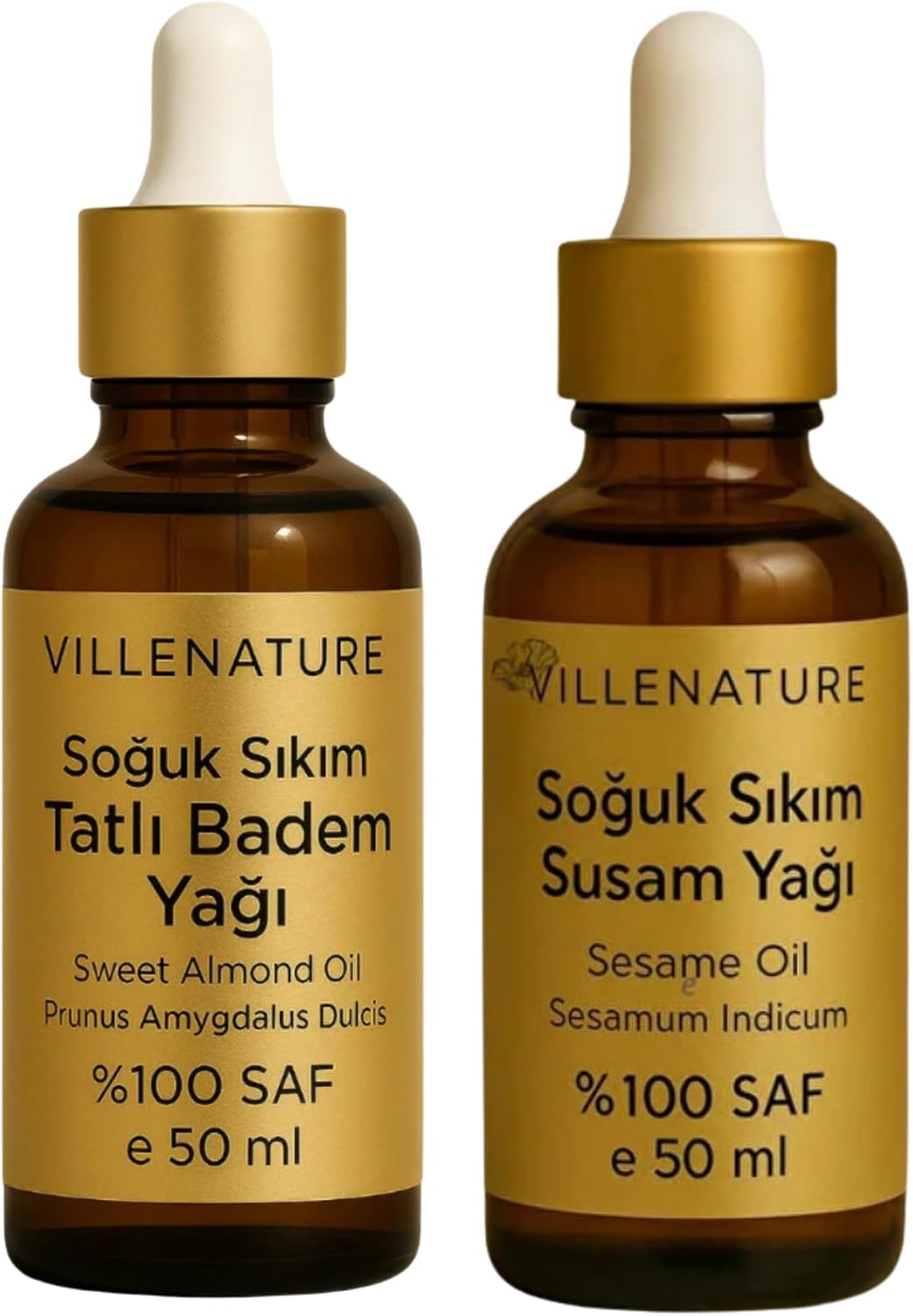Cilt ve Saç Bakım Yağı Seti, Soğuk Sıkım Susam ve Tatlı Badem Yağı, %100 Saf ve Doğal, Nemlendirici ve Besleyici, 50ml x 2