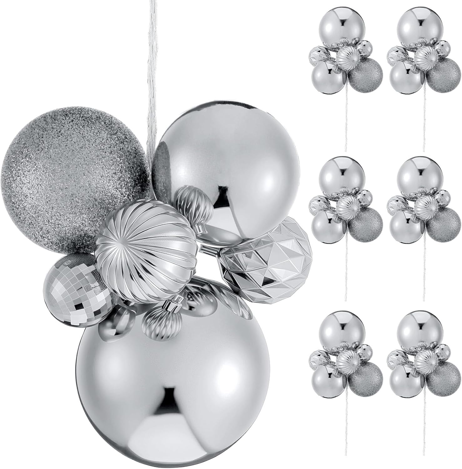 Soulchen 6 Set 36 Pcs Christmas Ball Clusters 1.2-3.1in Christmas Tree Ball Ornaments on Wired Picks Decorations for Xmas Tree Wreath Garland Stairs Holiday Decor(Silver,Glossy) Silver Glossy