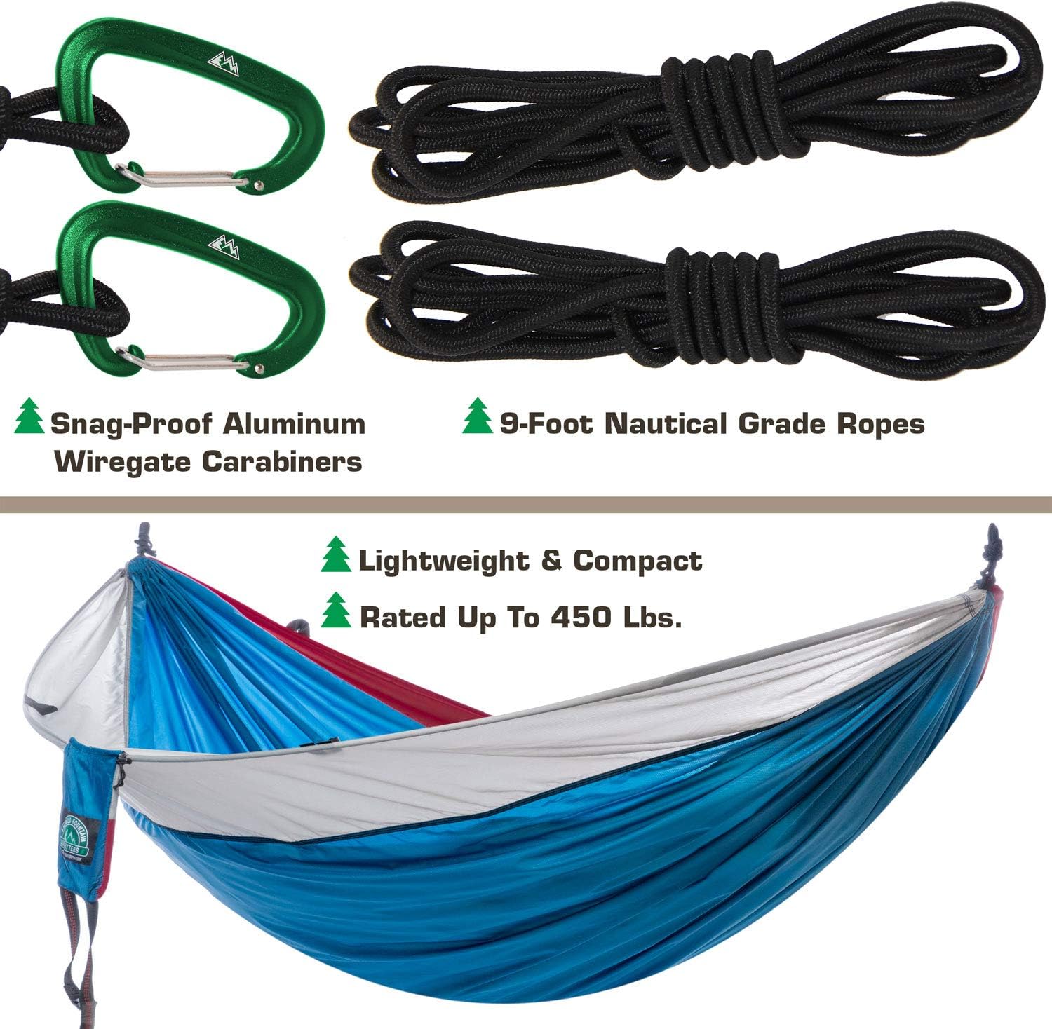 Camping Hammock for Outdoors - Double Hammock Size, Parachute Nylon, Snag-Proof Carabiners, 6 Gear Loops – Portable Hammock for Hiking, Backpacking, Travel by Emerald Mountain Outfitters