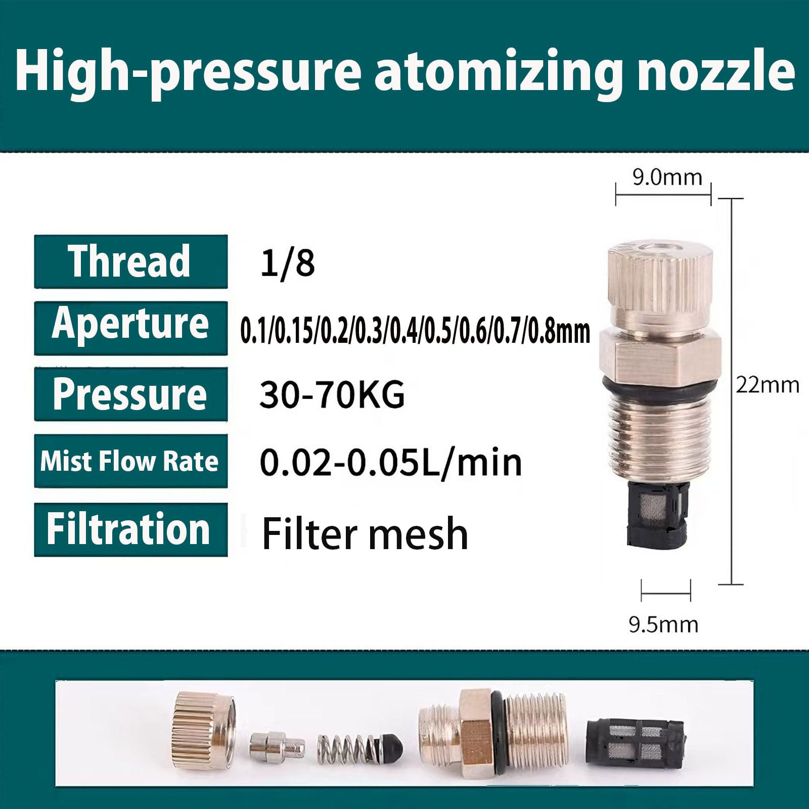 Hochdruck-Zerstäuberdüse, Messing-Nebeldüsen für Außenkühlsystem, Landschaftsbau, Gewächshausbewässerung, Luftbefeuchtung, Anti-Tropf-Beschlag-Sprühkopf 50Stücke Filter mesh Aperture 0.2mm