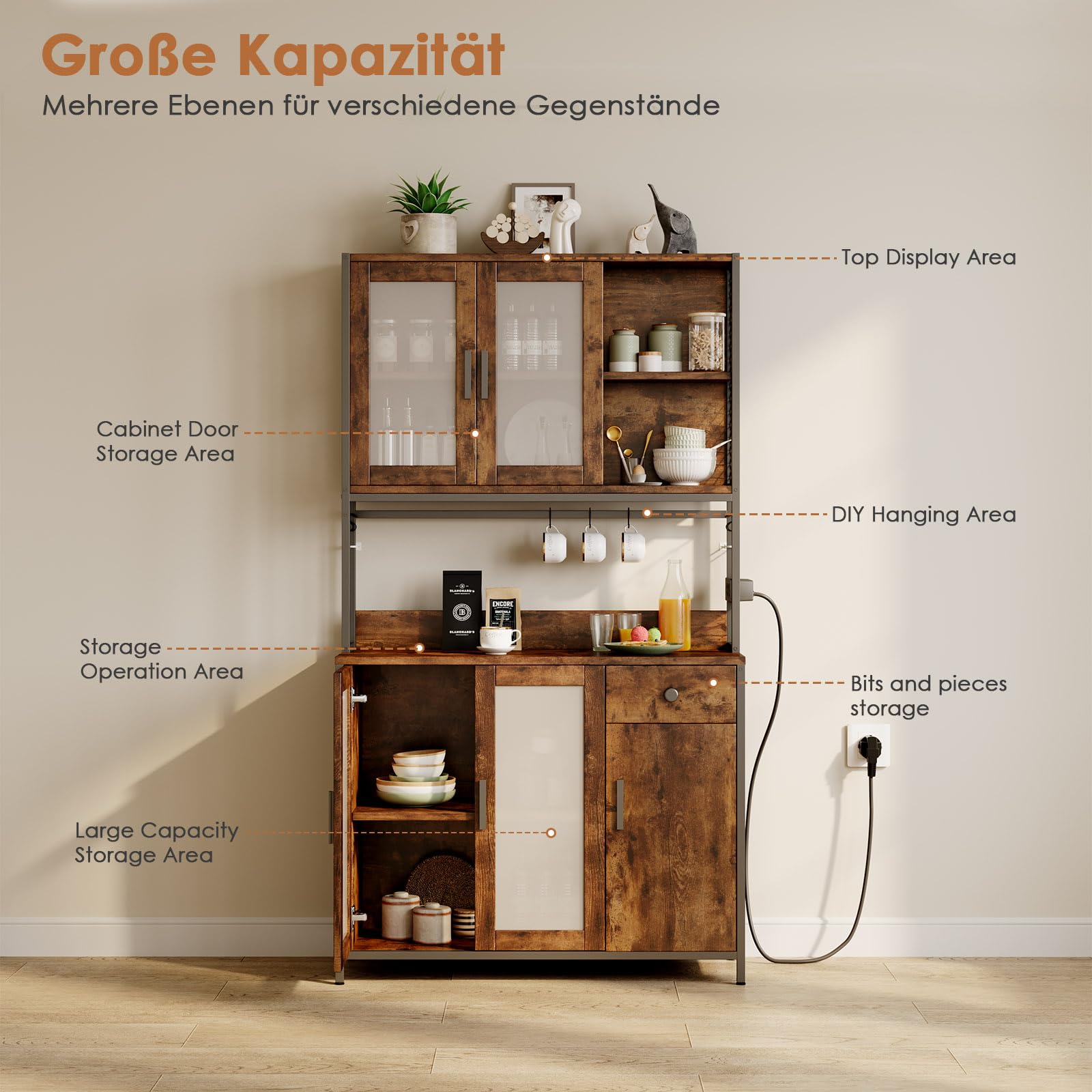 Dripex Küchenschrank 181cm Hoher Buffetschrank mit Arbeitsplatte, mit Steckdosen, Vorratsschrank Küche mit 5 Türen und eine Schublade, Hochschrank Küche für Wohnzimmer Esszimmer Bar, Industrie-Design