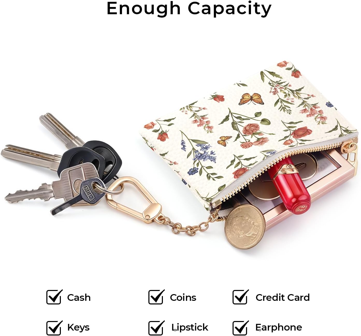 Colorful Flower with Butterfly Keychain Coin Purse for Women, Small PU Leather Change Pouch, Zipper Little Tiny Travel Wallet for Girls, Cute Kawaii Zip Pocket Coin Holder with Key Ring - Image 5