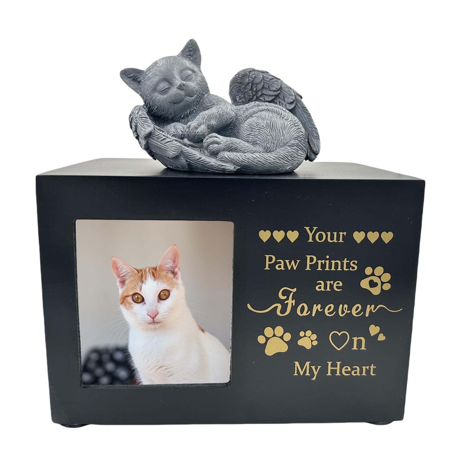 Large Wooden Pet Urn for Ashes,Elegant Angel Cat Statue and Ashes Keepsake with Photo Frame,Loss Pet Memorial Gift(Black)