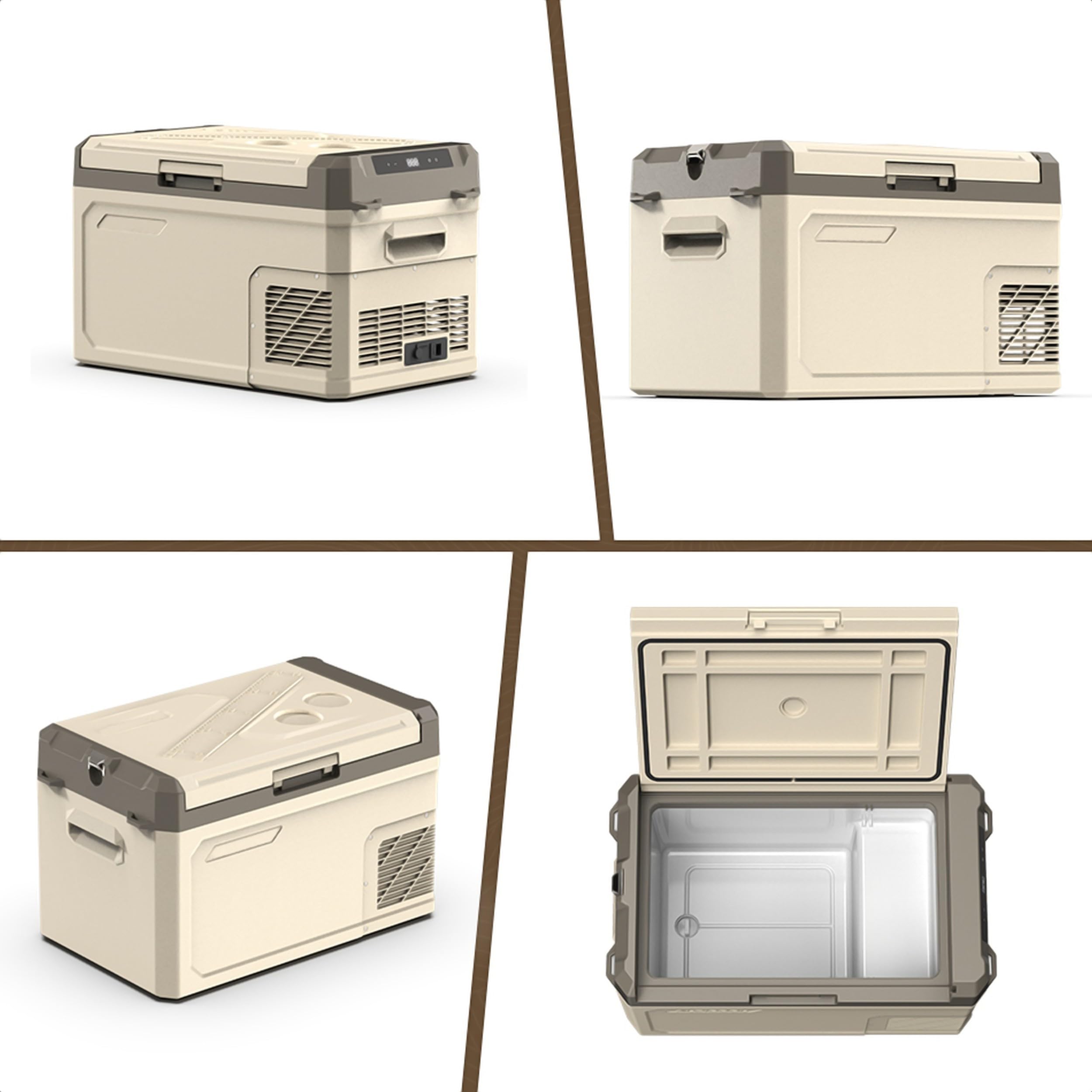 Kompressor Kühlbox 40L – Mini Kühlschrank mit App-Steuerung & ECO-Modus, 12V/24V/230V für Auto, Camping, Wohnmobil & LKW, Gefrierfunktion bis -20°C, Beige-Braun
