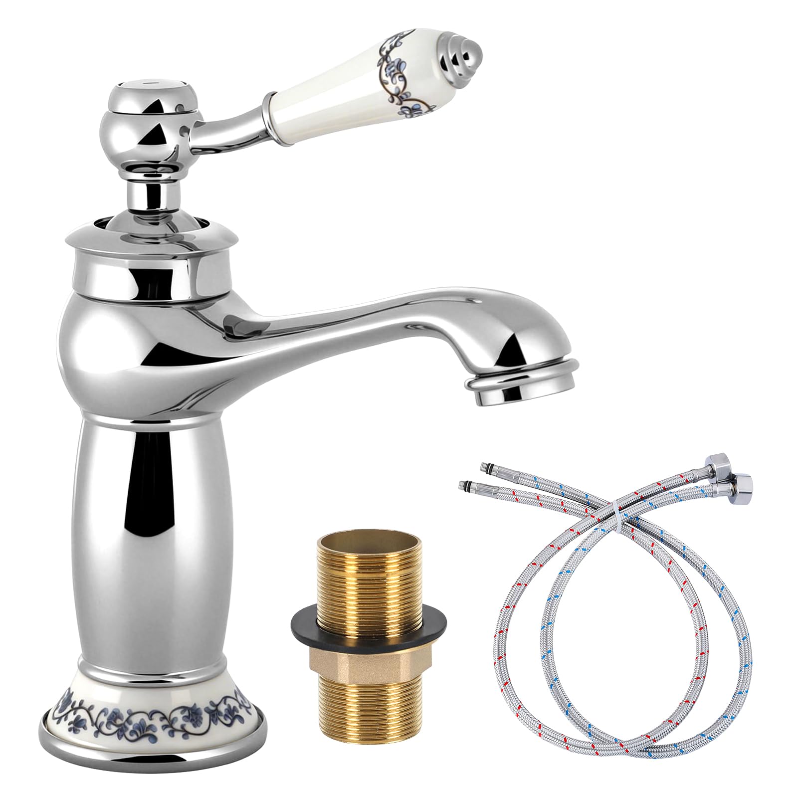 Bathroom Basin Mixer Tap, Single Lever Mono Sink Tap with 2X 600mm Flexible Hoses, Retro European Floral Ceramic Handle Monobloc Mixer Taps Faucet with Hot & Cold Dual Controls (Silver)