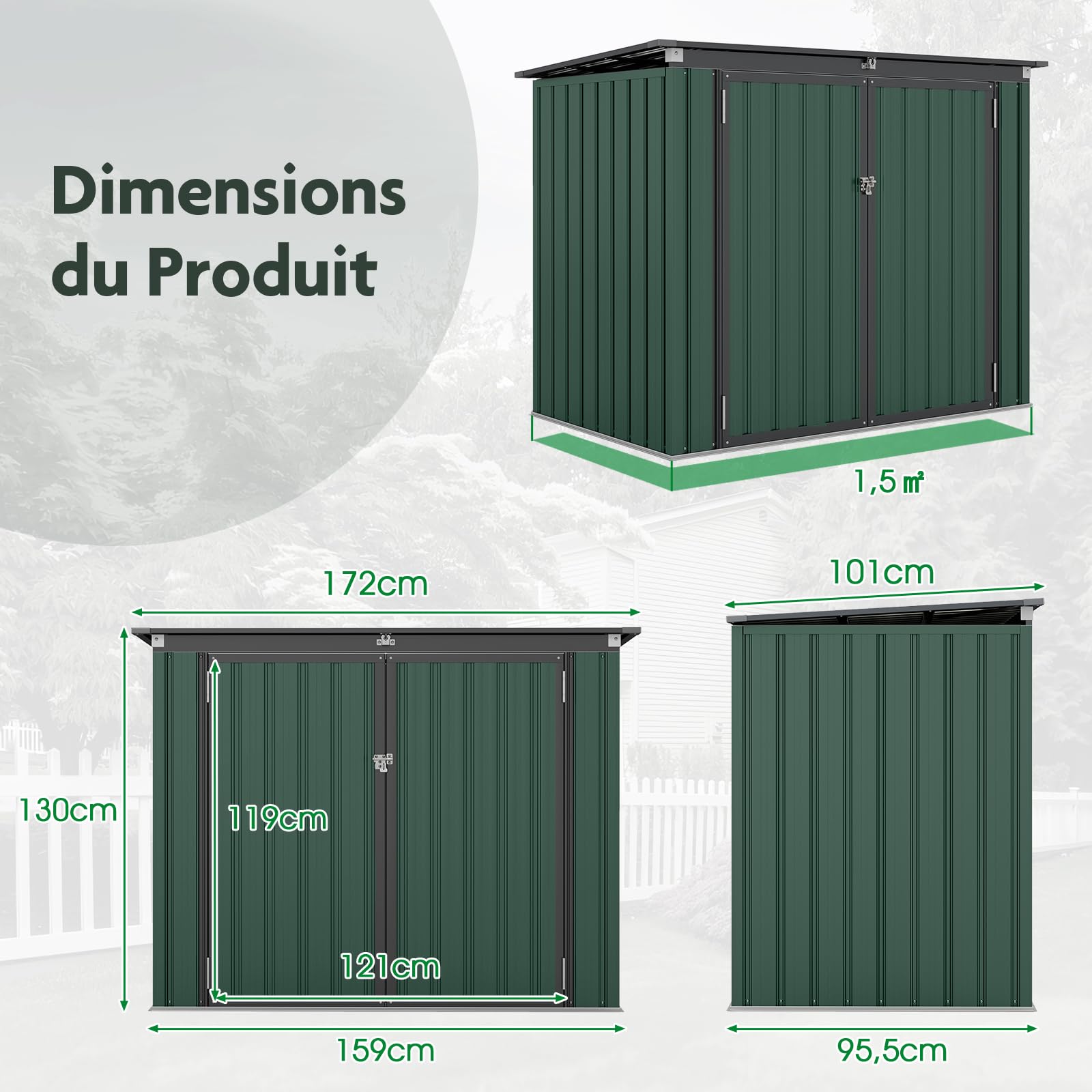 RELAX4LIFE Abri de Jardin Métal Extérieur avec 2 Grandes Portes et Couvercle Relevable à 40°, Remise de Stockage à Outils en Acier Galvanisé pour Poubelles Vélos Outils 172X100X129 CM (Vert)