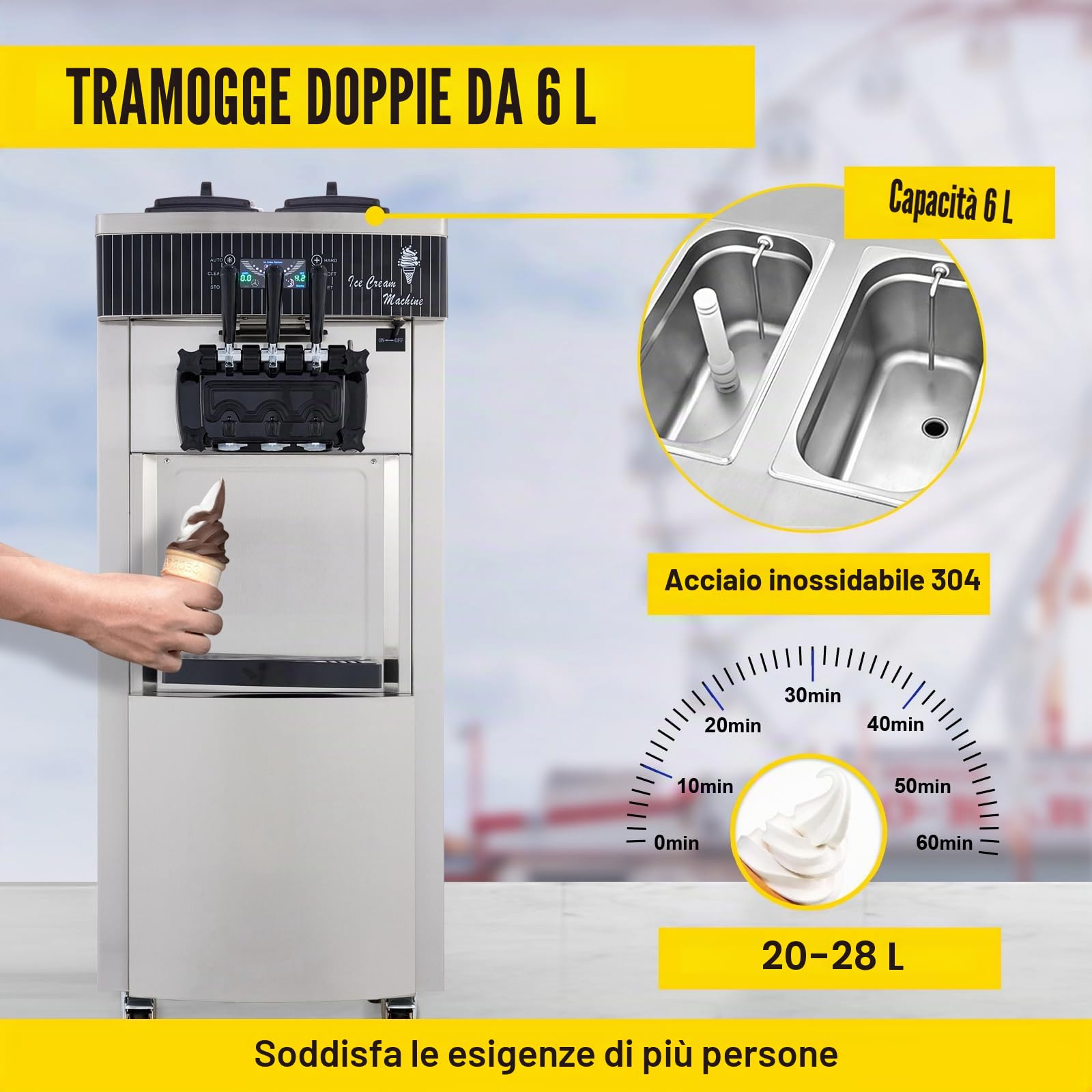 Macchina per Gelato soft professionale 2200W 20-28L/h 3 Gusti Macchina per Gelato Capienza 6Lx2 Pannello LCD Pulizia Automatica per Bar Ristorante Yogurt Caffè Hotel