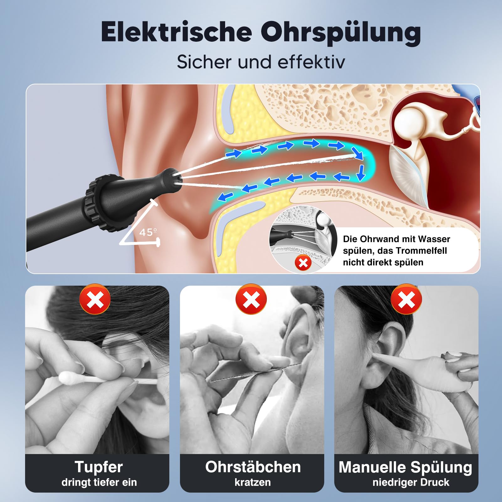 Eliminador de cerumen, limpiador de oídos para adultos, limpiador eléctrico de oídos, lavado de oídos para uso doméstico, ducha recargable para adultos y niños (negro)