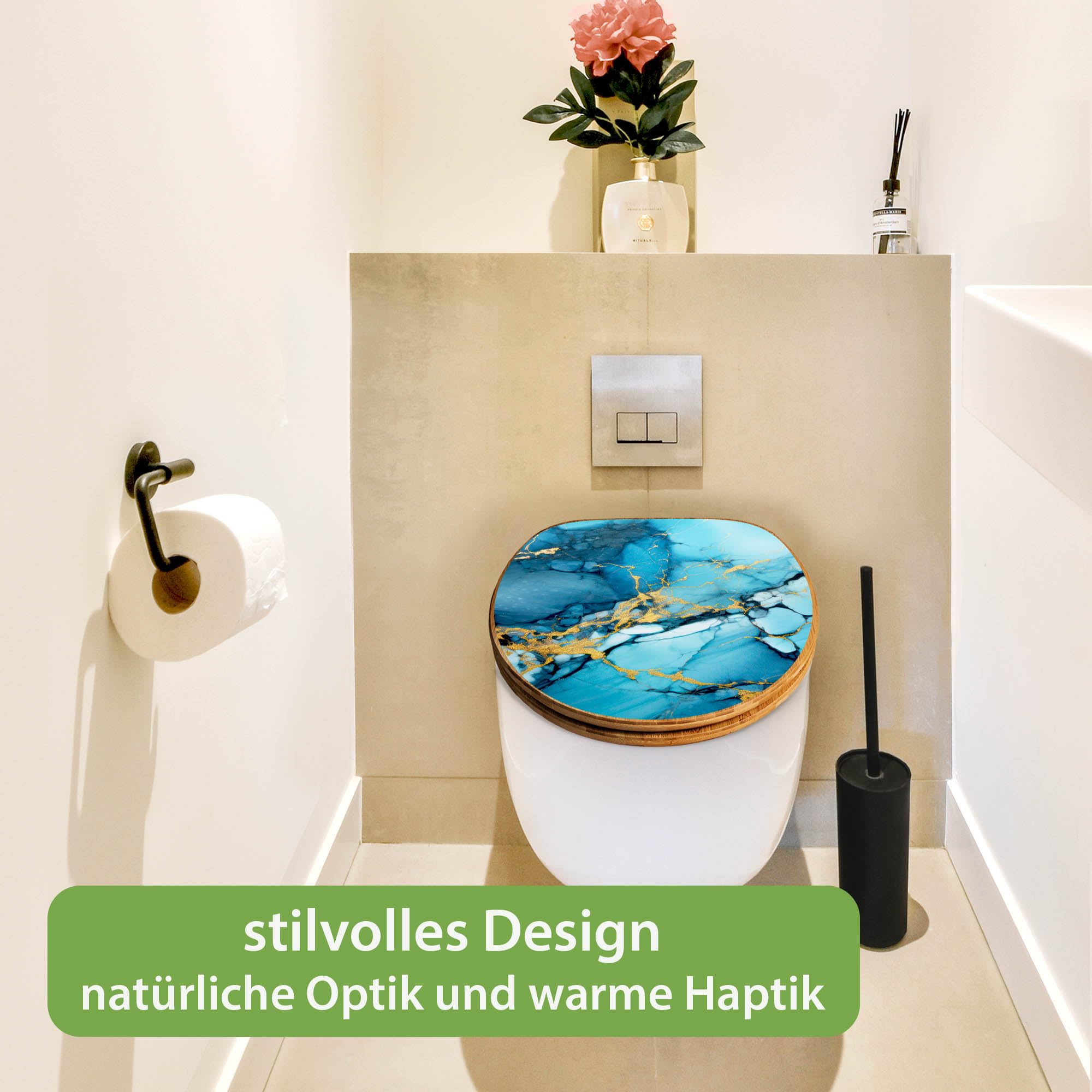 banjado Design WC Sitz Bambus Absenkautomatik 45,8x37,5cm - Toilettendeckel mit Absenkautomatik Holz - hochwertiger Bambus Klodeckel - WC-Sitz für gängigen Toiletten - Motiv Blauer Marmor mit Gold 2