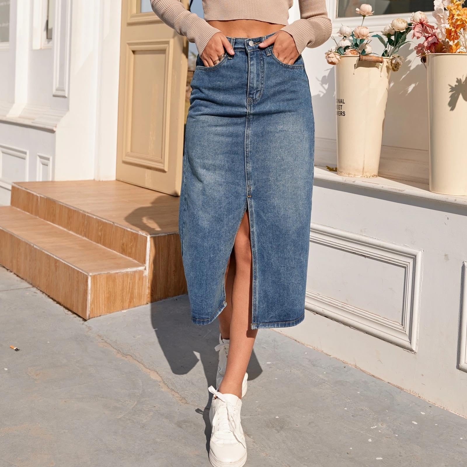 NOGRAX Gonna Lunga Gonna in Denim in Alto Dritta Donne Donne Vintage Split Fork Blue Long Bodycon Gonna Jeans