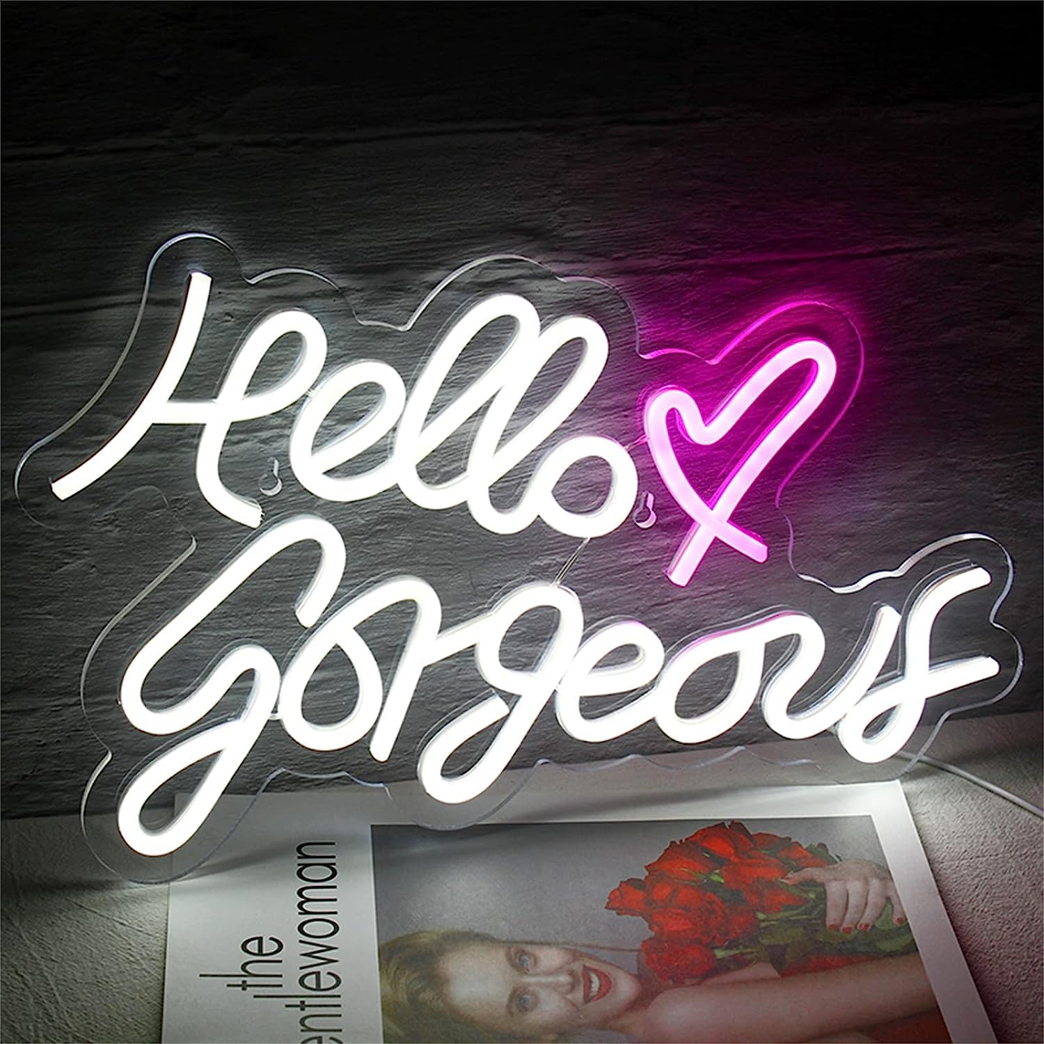 Insegna Al Neon LED Hello Gorgeous, Bianca, Alimentazione USB, Dimmerabile, 43x25 Cm, Decorazione