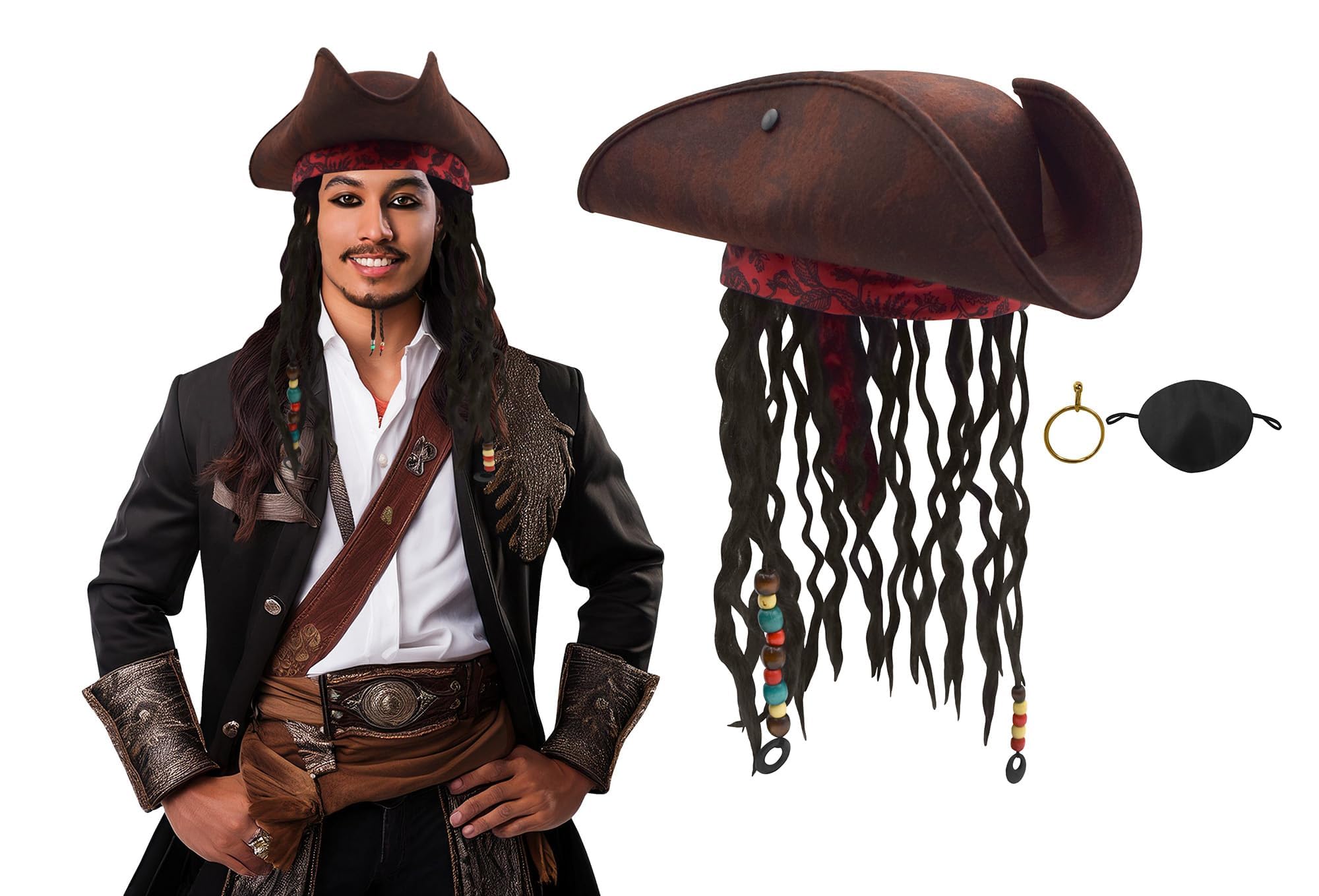 Nicky Bigs Novelties Adults Pirate Hat with Dreadlocks Hair Braids Eye Patch & Earring Premium Caribbean Buccaneer Tricorn Hat Pirate Costume Accessories Set For Men Adjustable Size Brown
