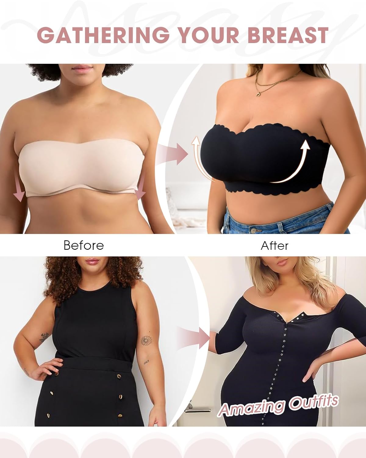 Strapless Push Up Bras for Women Large Bust Scalloped Wireless Everyday Bra Full Coverage Bandeau Bras - Image 4