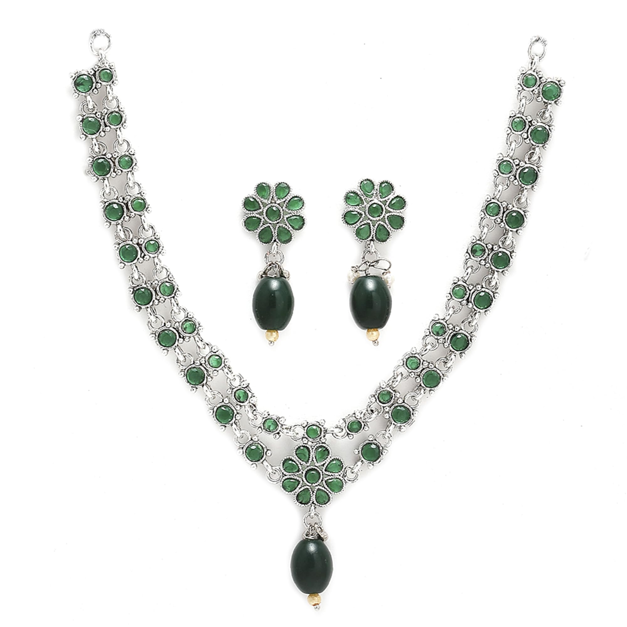 ZENEME Fashion Jewellery Antique Oxidised Silver Plated American Diamond Studded & Pearl Beaded Necklace With Earring Jewellery Set For Women & Girl (Green) (B09V2ZYG9T) Amazon Price History, Amazon Price Tracker