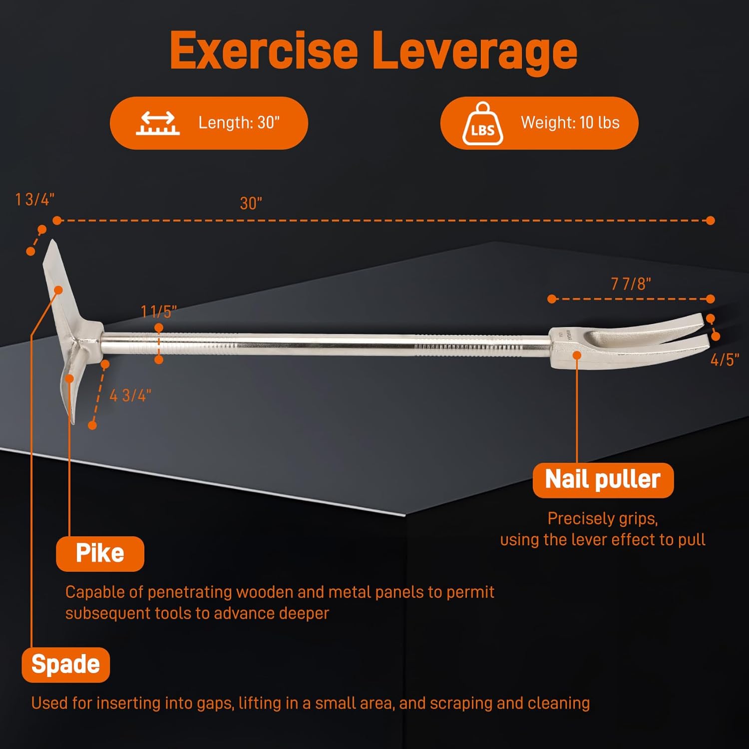 30 Inch Halligan Tool, 45 Grade Steel Halligan Bar for Fire Rescue and Emergency, Sandblasted Surface, Pike, Duckbill and Recessed Nail Puller 4-In-One, Non-Slip Grip, Forged Structure