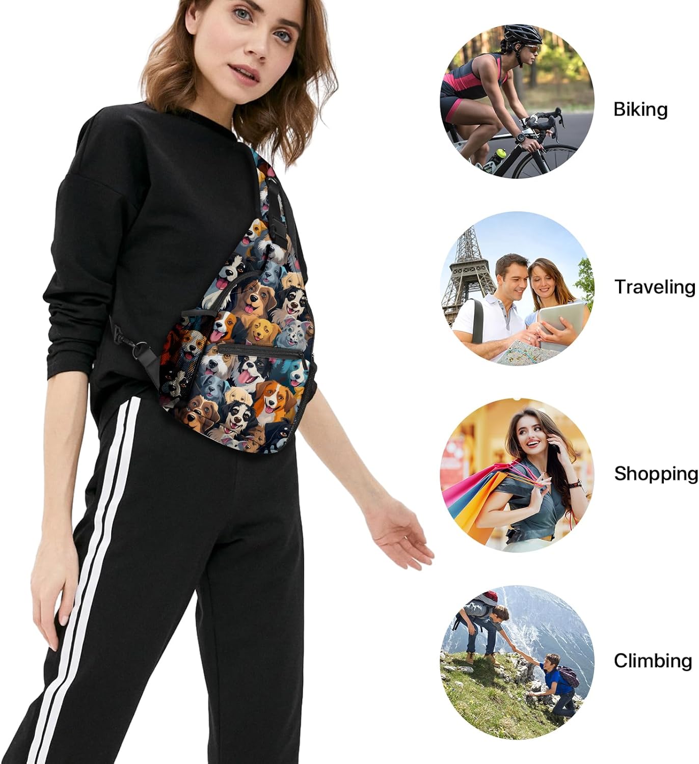 Colorful Dog Sling Bag travel Crossbody Backpack Casual Daypack for Women with Strap Lightweight Outdoor Hiking Climbing Runners