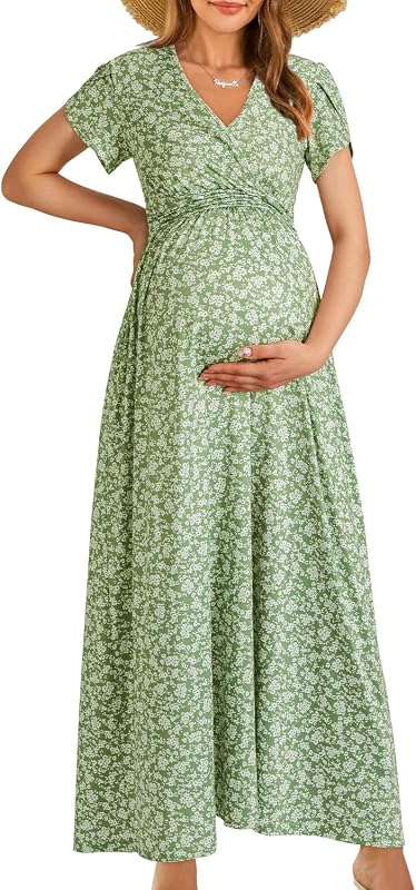 OUGES Women's Wrap V Neck Summer Maternity Photoshoot Dress with Pockets | Soft Non-Sheer Fabric, Flattering Flowy Silhouette, Short Sleeve, Floral, Maxi Length, Baby Shower, Vacation Outfit