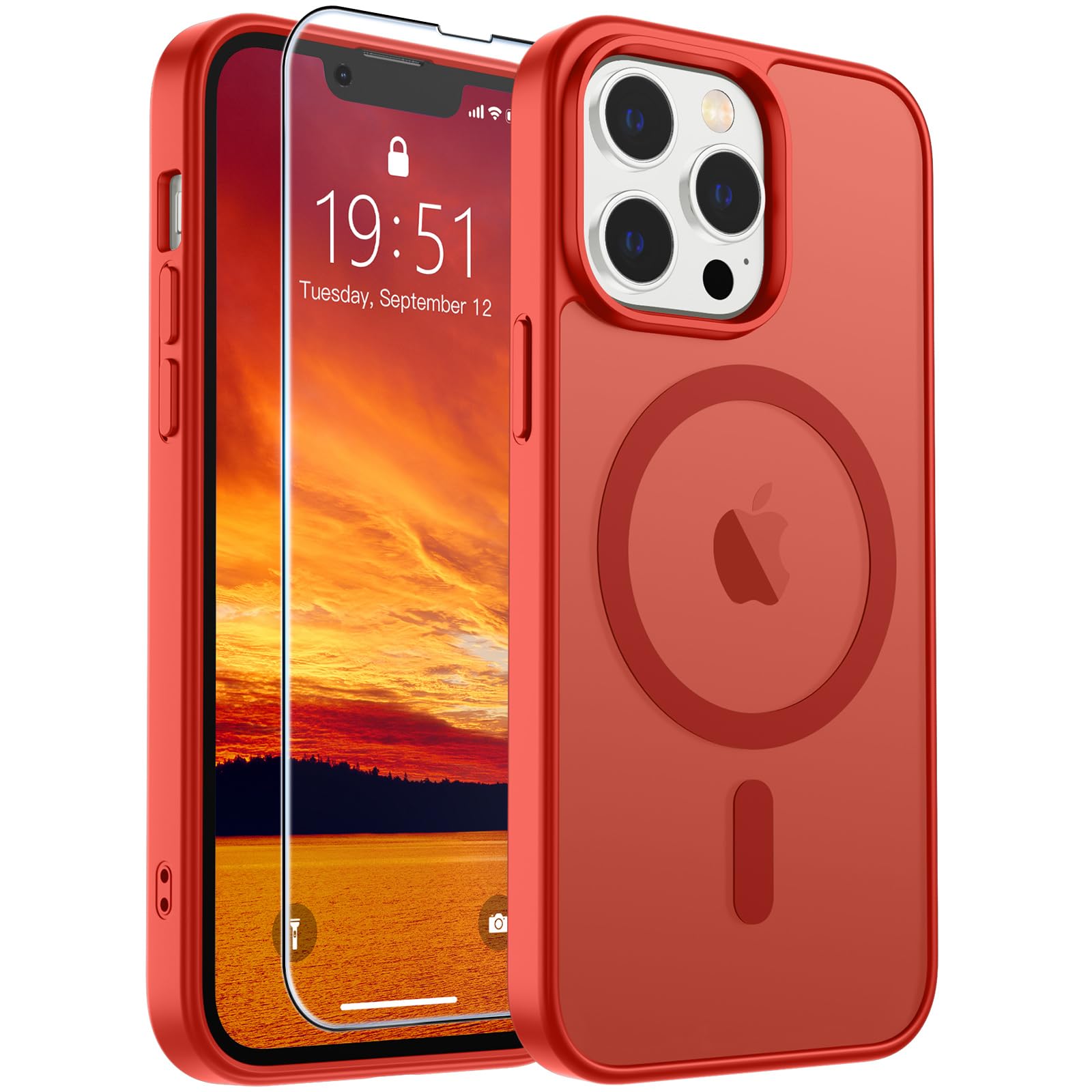 SUPFINE Magnetic for iPhone 13 Pro Case Red | With Screen Protector, Translucent Matte, Compatible with MagSafe, Military Grade Drop Proof, Rugged Shockproof Protective