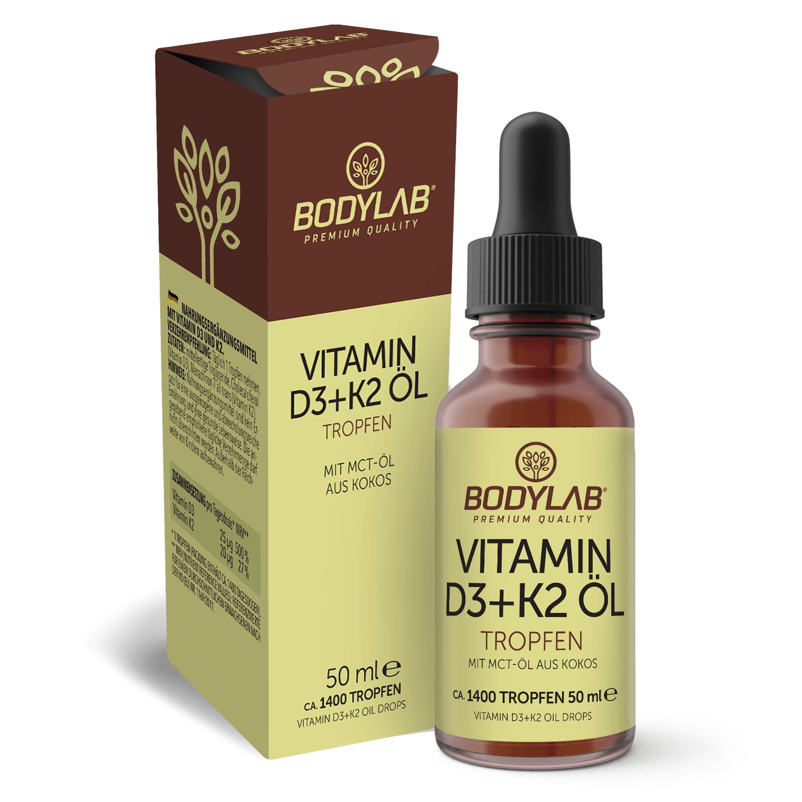 Bodylab24 Vitamin D3 + K2 Öl Tropfen 50ml, hochkonzentrierte Drops, enthält 1000 IE (25 mcg) Vitamin D3 und 20 mcg Vitamin K2 pro Tagesdosis, mit MCT-Öl aus Kokos (Packung mit 2)