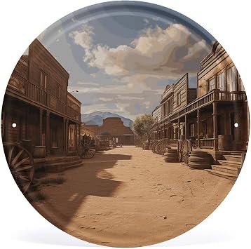 Old Wild West Cowboy Town Iron Wall Art Circular - 11.8 Inch Retro Tinplate Metal Hanging Picture for Porch, Farmhouse, Bathroom Decor, Modern Home & Outdoor Wall Decorations