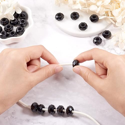 Miniatura 5 de 100 cuentas europeas facetadas de vidrio negro Rondelle Agujero grande Agujero grande Perlas sueltas espaciadoras sin agujero de metal 0.551x0.315