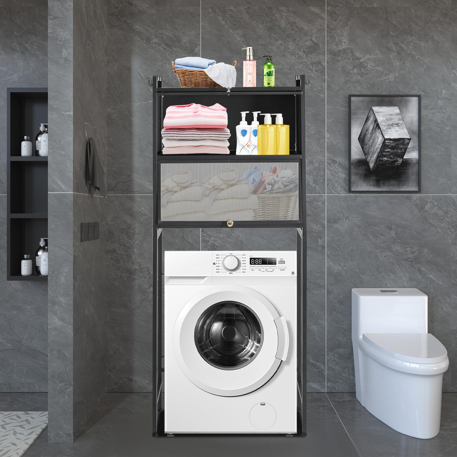 Estantería de almacenamiento sobre lavadora, estantería de baño de acero al carbono, 2 niveles, estantería para lavadora con 6 ganchos extraíbles, organizador de baño para lavadora y secadora (negro)